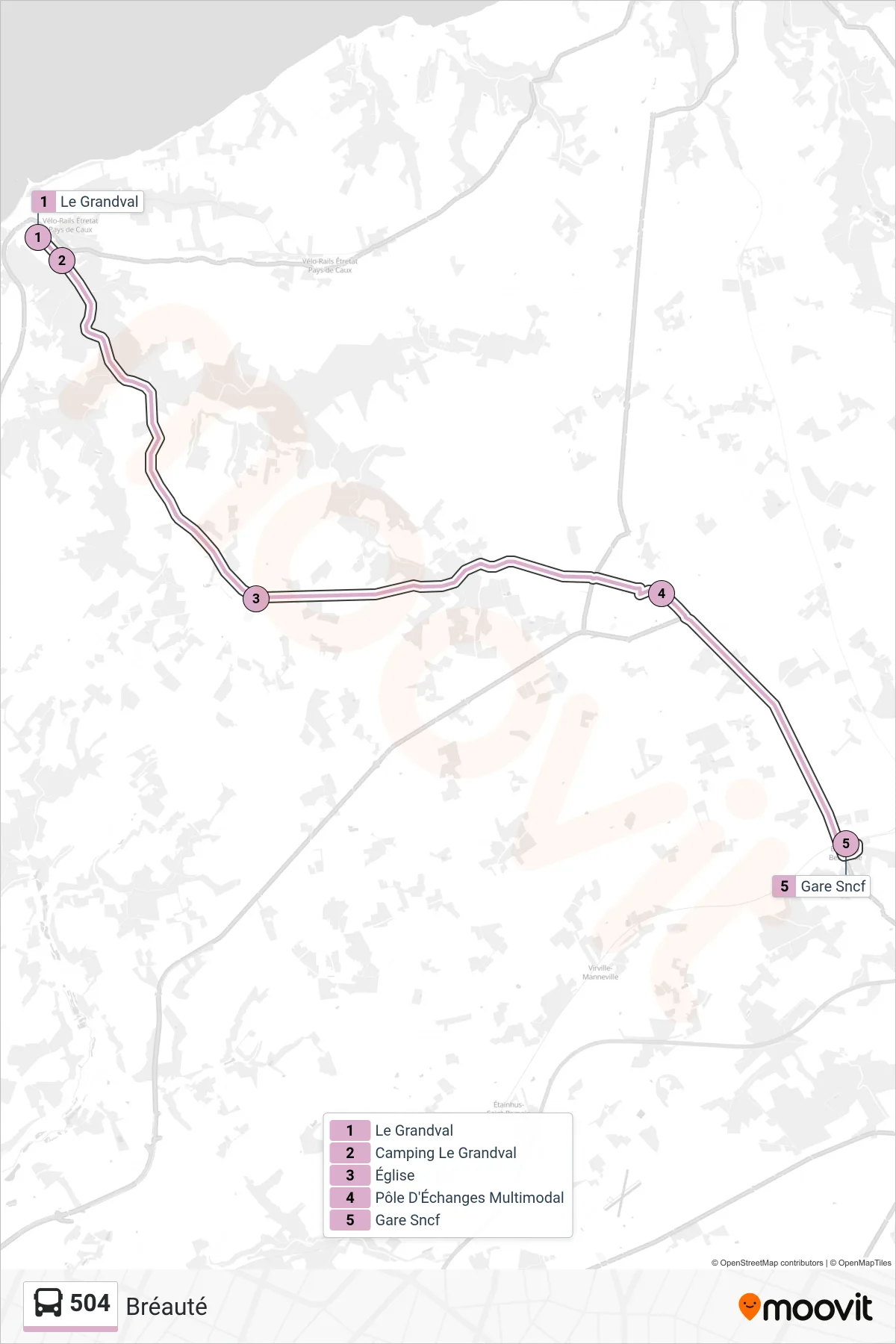 Recorrido y paradas de la línea 504 de autobús (Bréauté) en el mapa