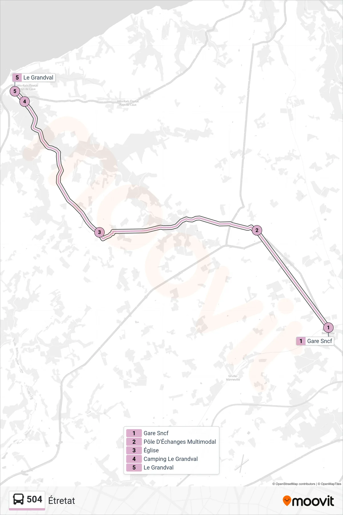 Tracé et arrêts de la ligne 504 de bus (Étretat) sur une carte