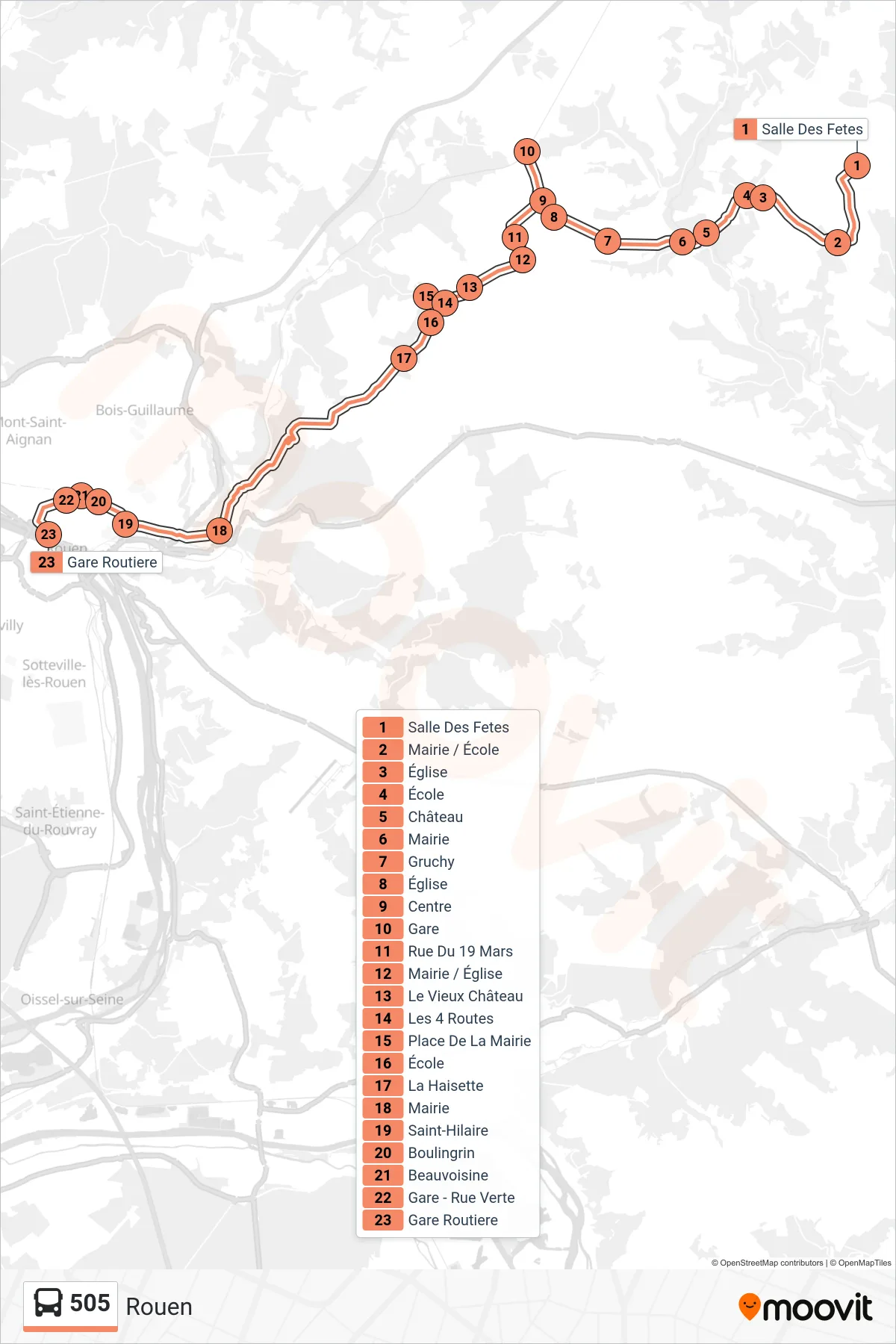 Recorrido y paradas de la línea 505 de autobús (Rouen) en el mapa