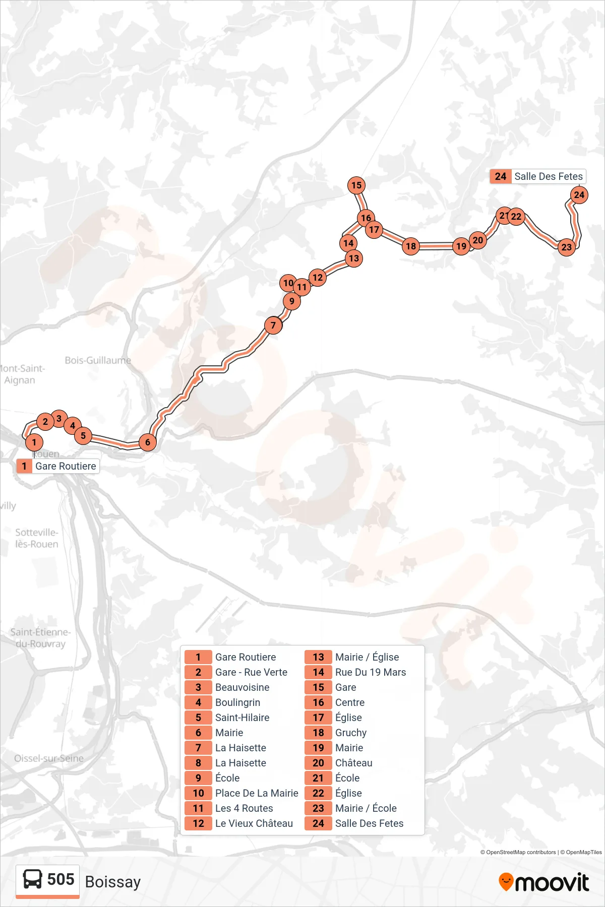 Tracé et arrêts de la ligne 505 de bus (Boissay) sur une carte