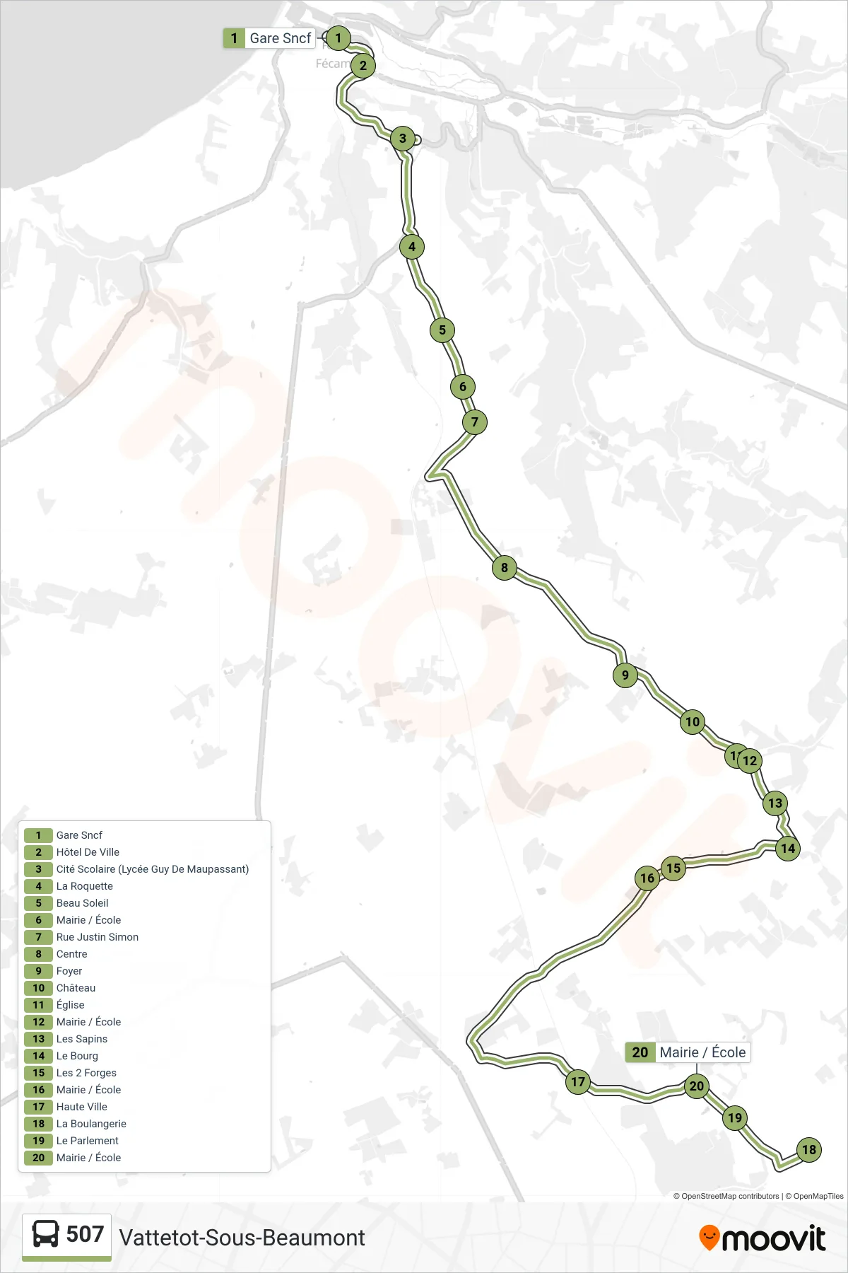 Recorrido y paradas de la línea 507 de autobús (Vattetot-Sous-Beaumont) en el mapa