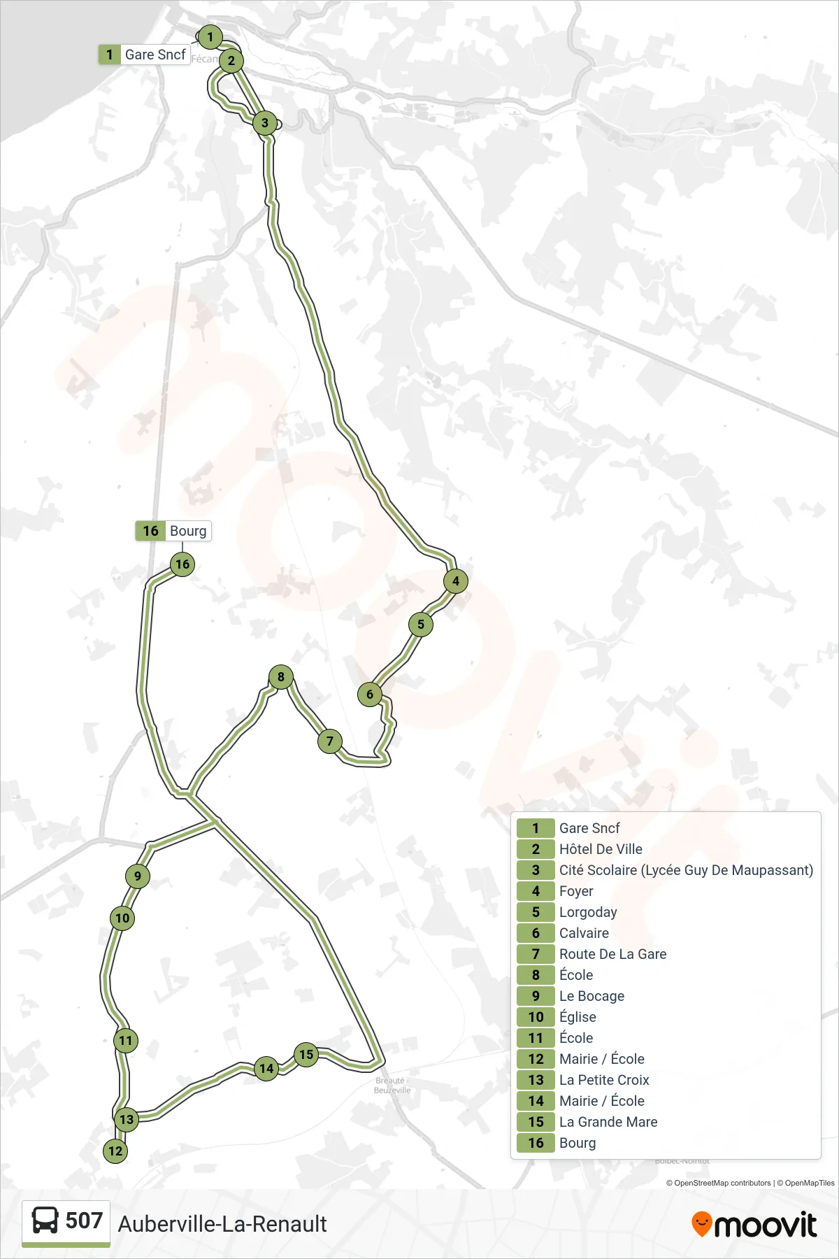 Tracé et arrêts de la ligne 507 de bus (Auberville-La-Renault) sur une carte