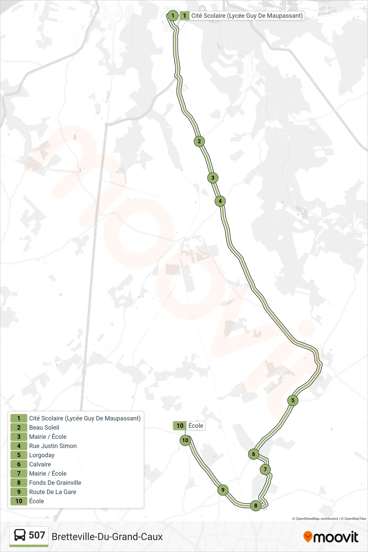 Tracé et arrêts de la ligne 507 de bus (Bretteville-Du-Grand-Caux) sur une carte
