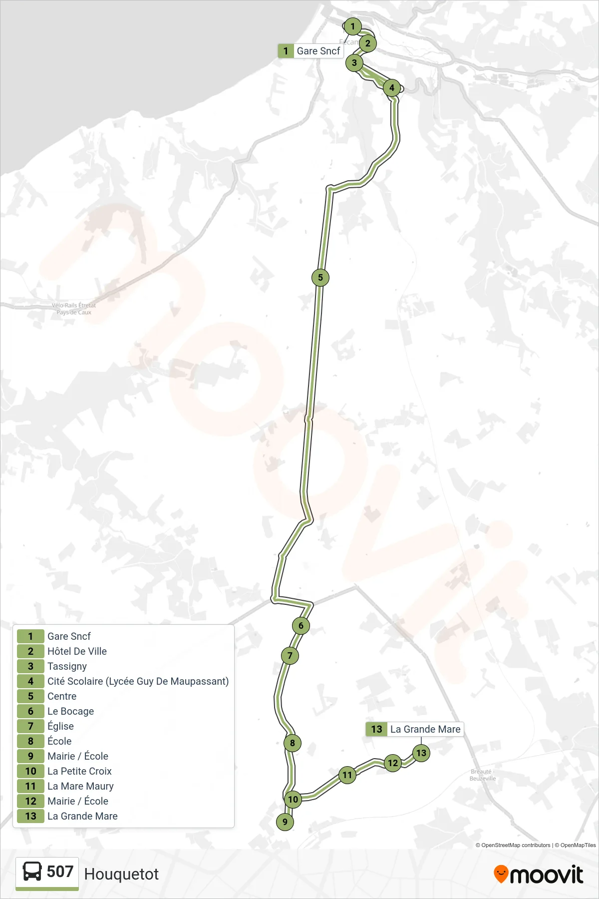 Tracé et arrêts de la ligne 507 de bus (Houquetot) sur une carte