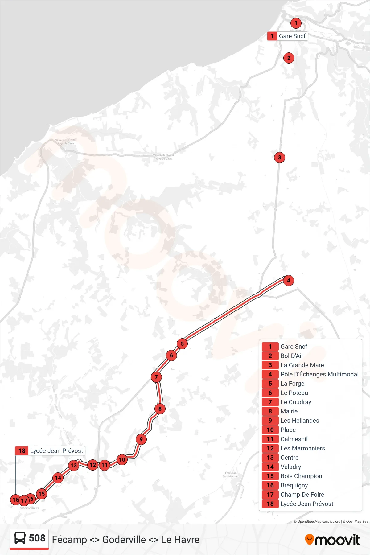 Recorrido y paradas de la línea 508 de autobús (Montivilliers) en el mapa
