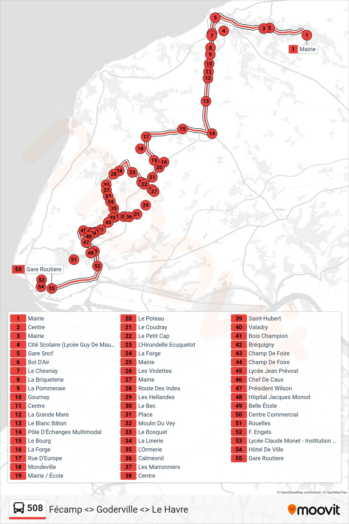 Tracé et arrêts de la ligne 508 de bus (Le Havre) sur une carte