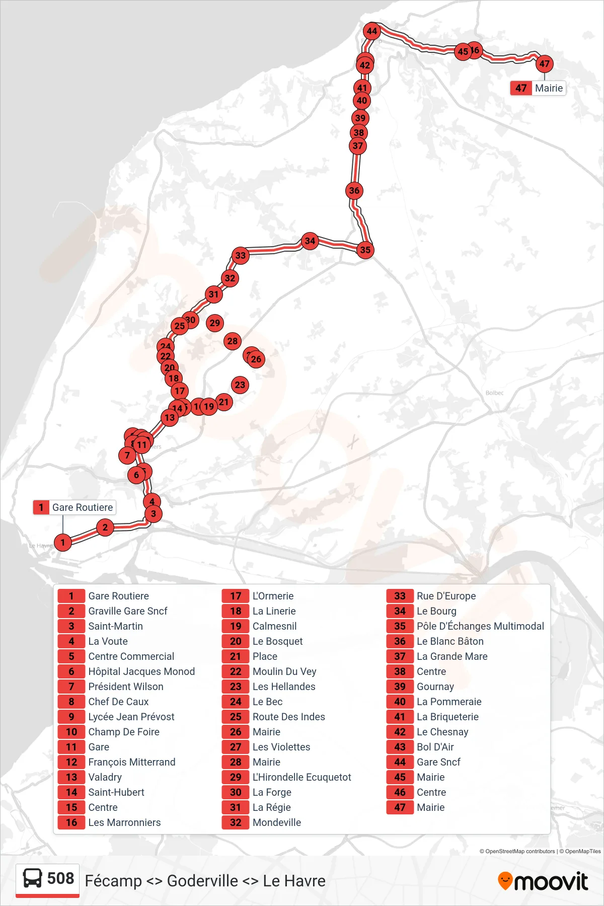 Tracé et arrêts de la ligne 508 de bus (Valmont) sur une carte