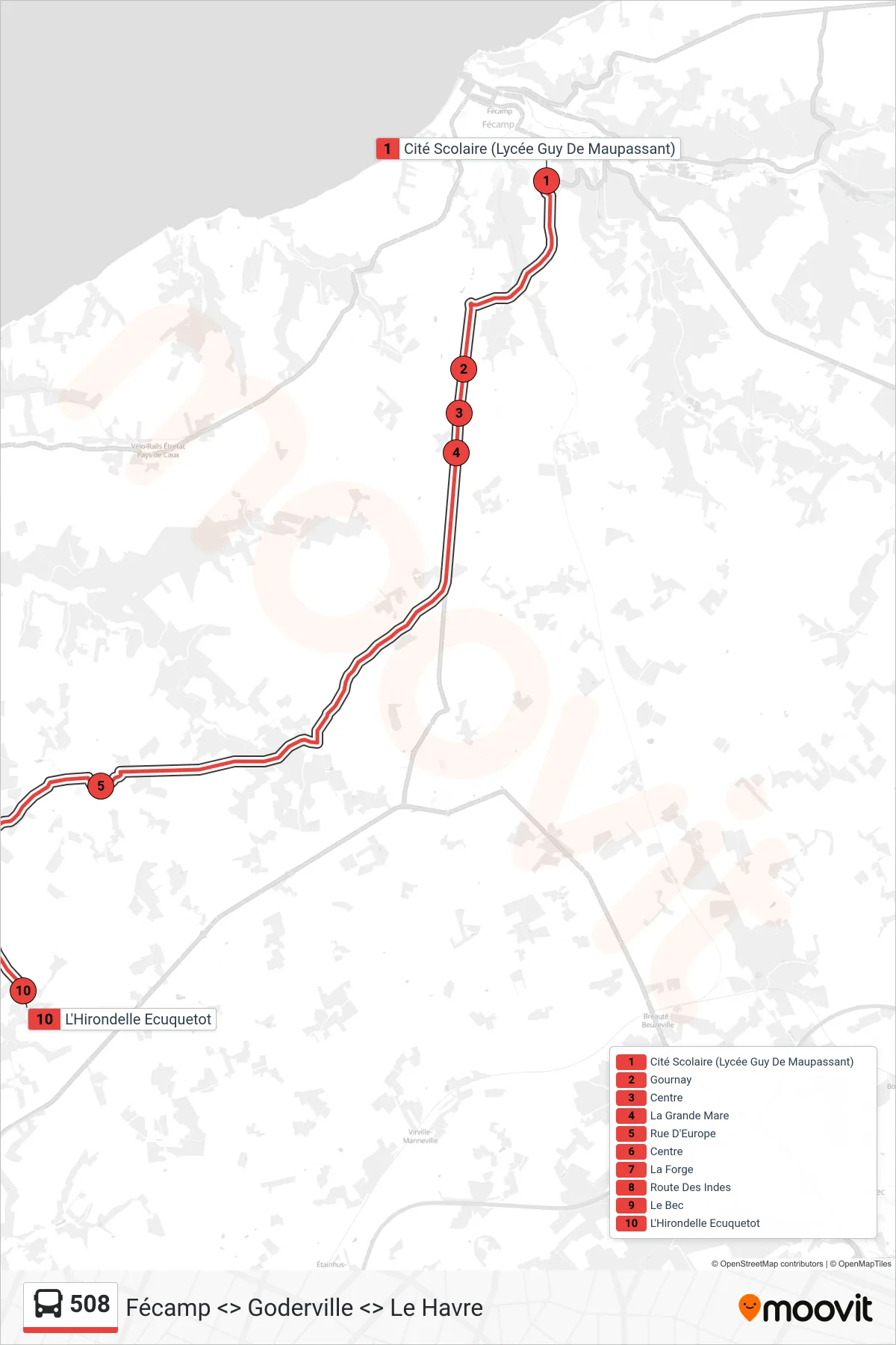 Tracé et arrêts de la ligne 508 de bus (Turretot) sur une carte