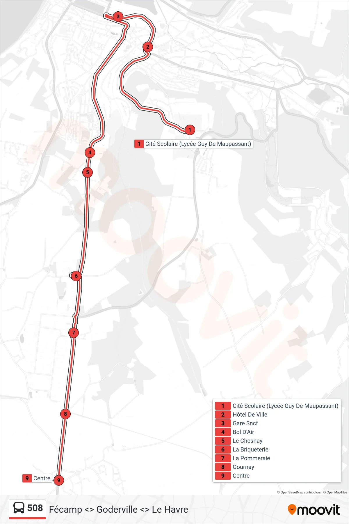 Tracé et arrêts de la ligne 508 de bus (Épreville) sur une carte