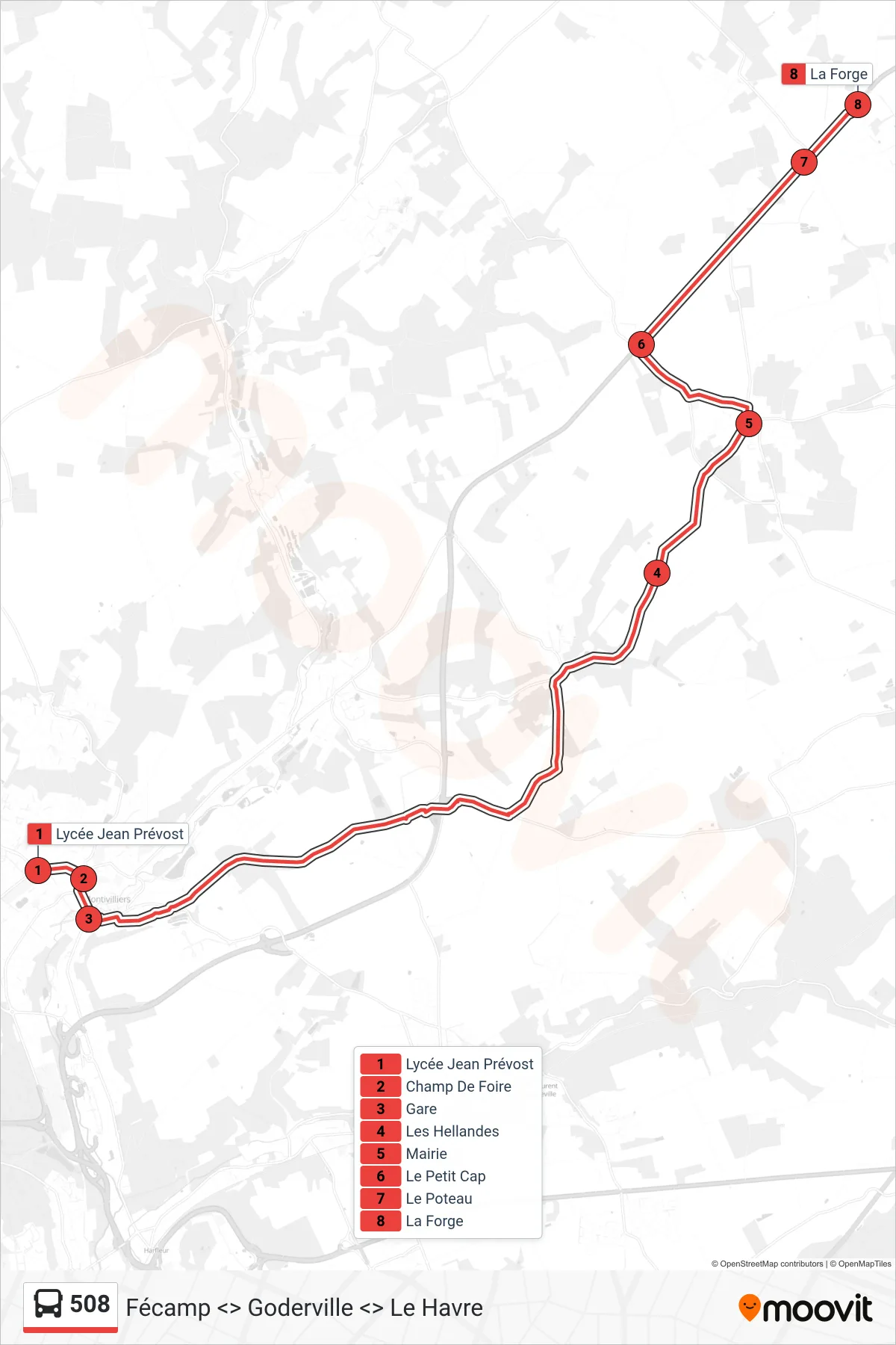 Tracé et arrêts de la ligne 508 de bus (Saint-Sauveur-D'Émalleville) sur une carte