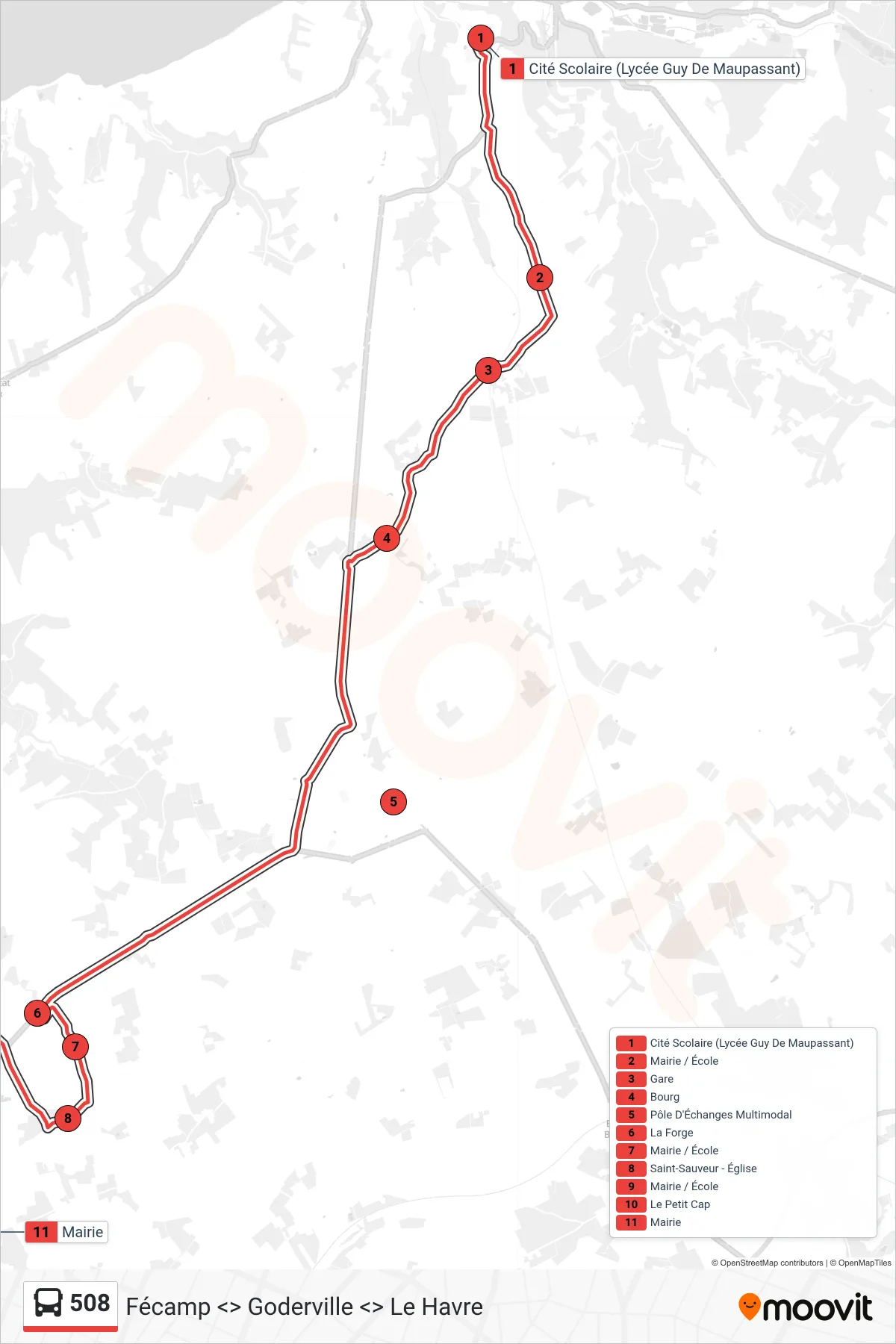 Recorrido y paradas de la línea 508 de autobús (Angerville-L'Orcher) en el mapa