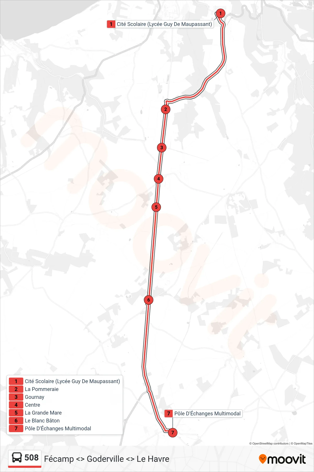 Tracé et arrêts de la ligne 508 de bus (Goderville) sur une carte