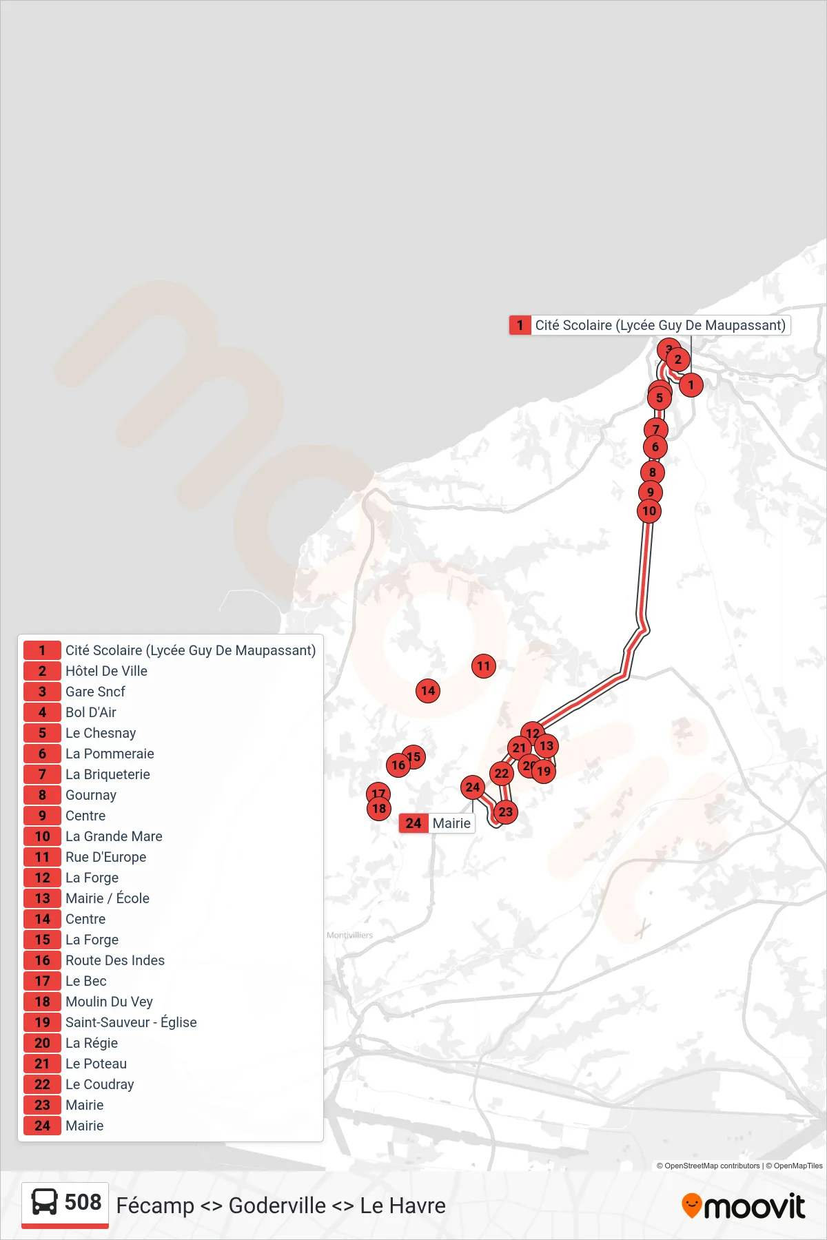 Tracé et arrêts de la ligne 508 de bus (Hermeville) sur une carte