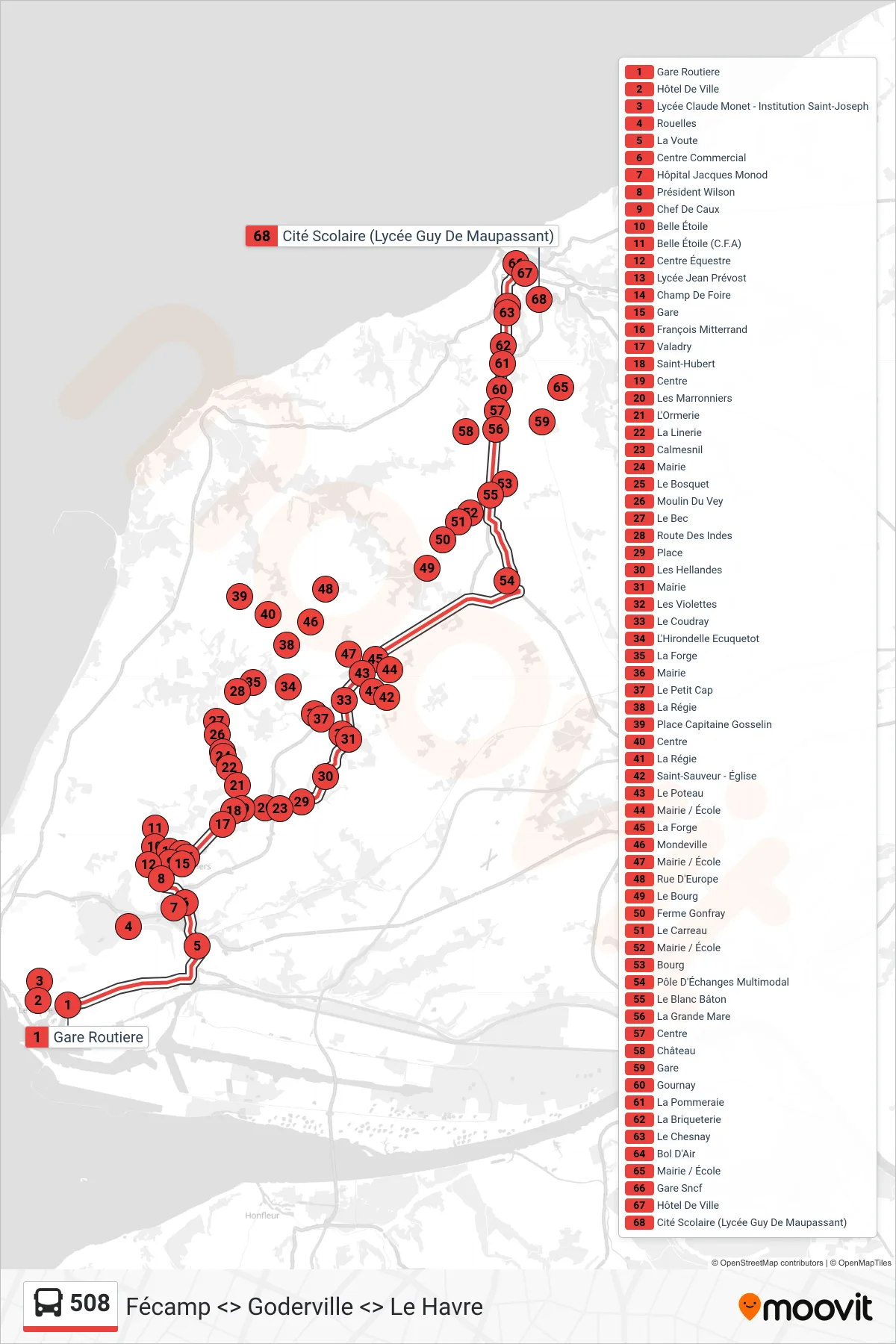 Tracé et arrêts de la ligne 508 de bus (Fécamp) sur une carte