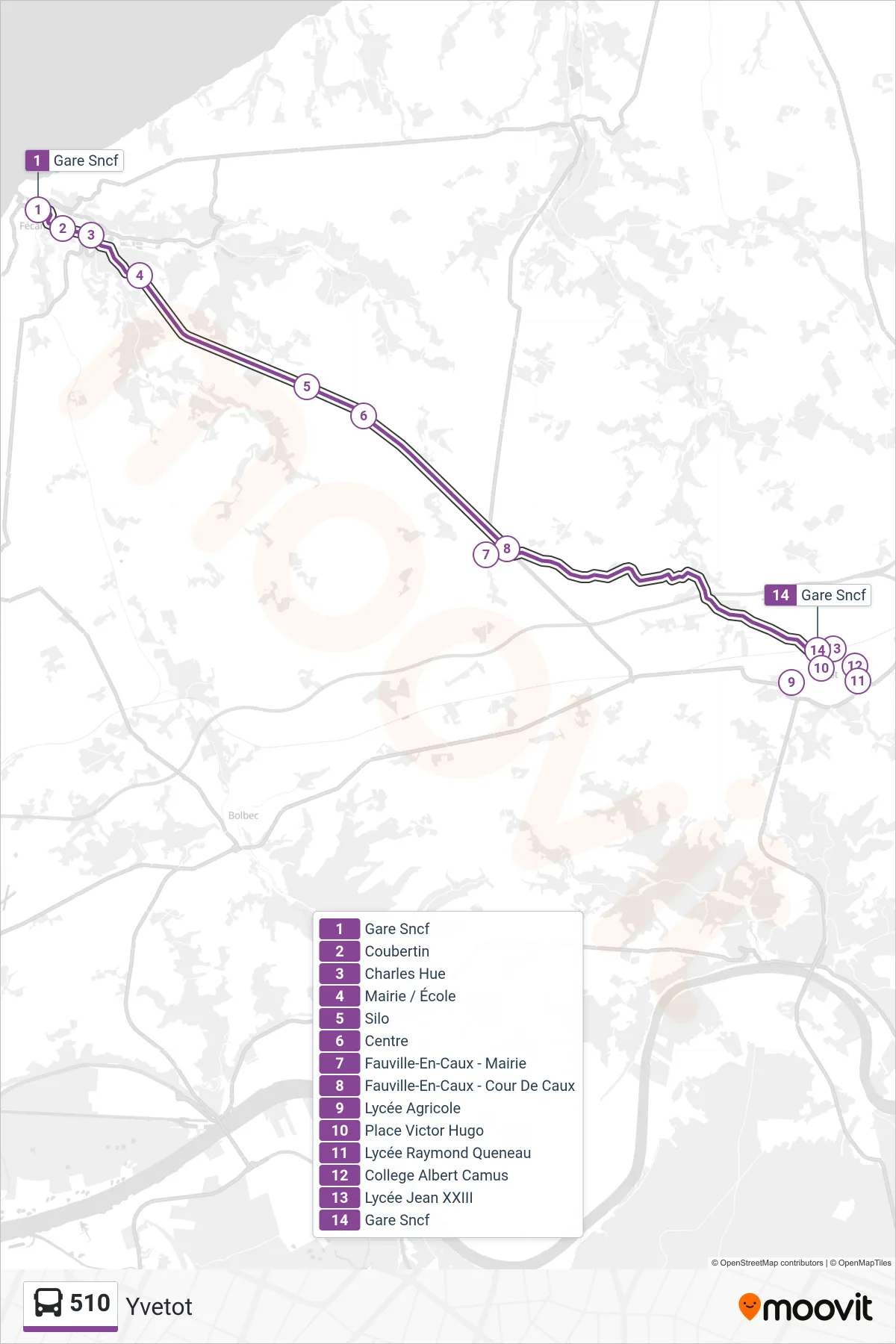 Tracé et arrêts de la ligne 510 de bus (Yvetot) sur une carte