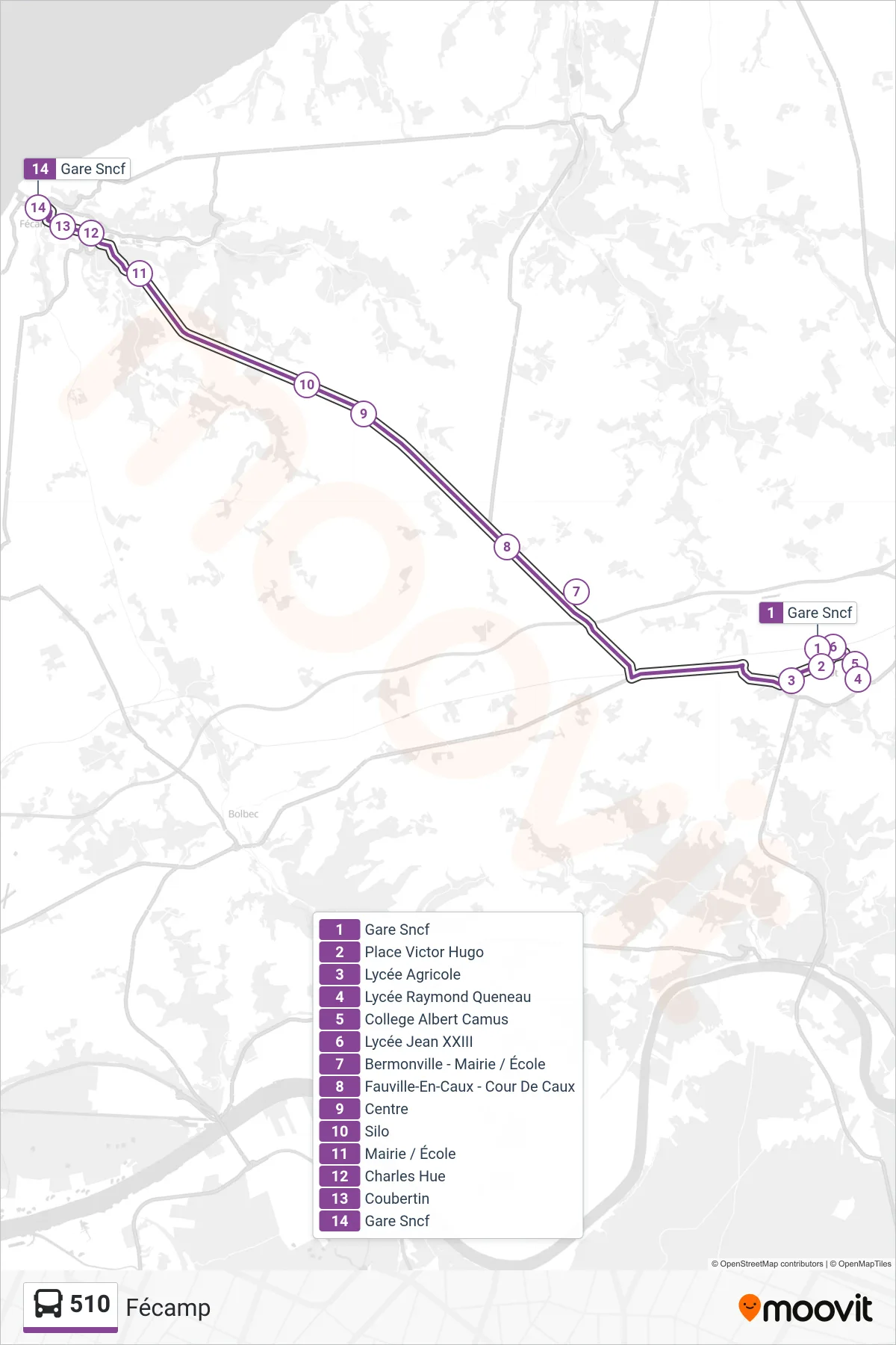 Tracé et arrêts de la ligne 510 de bus (Fécamp) sur une carte