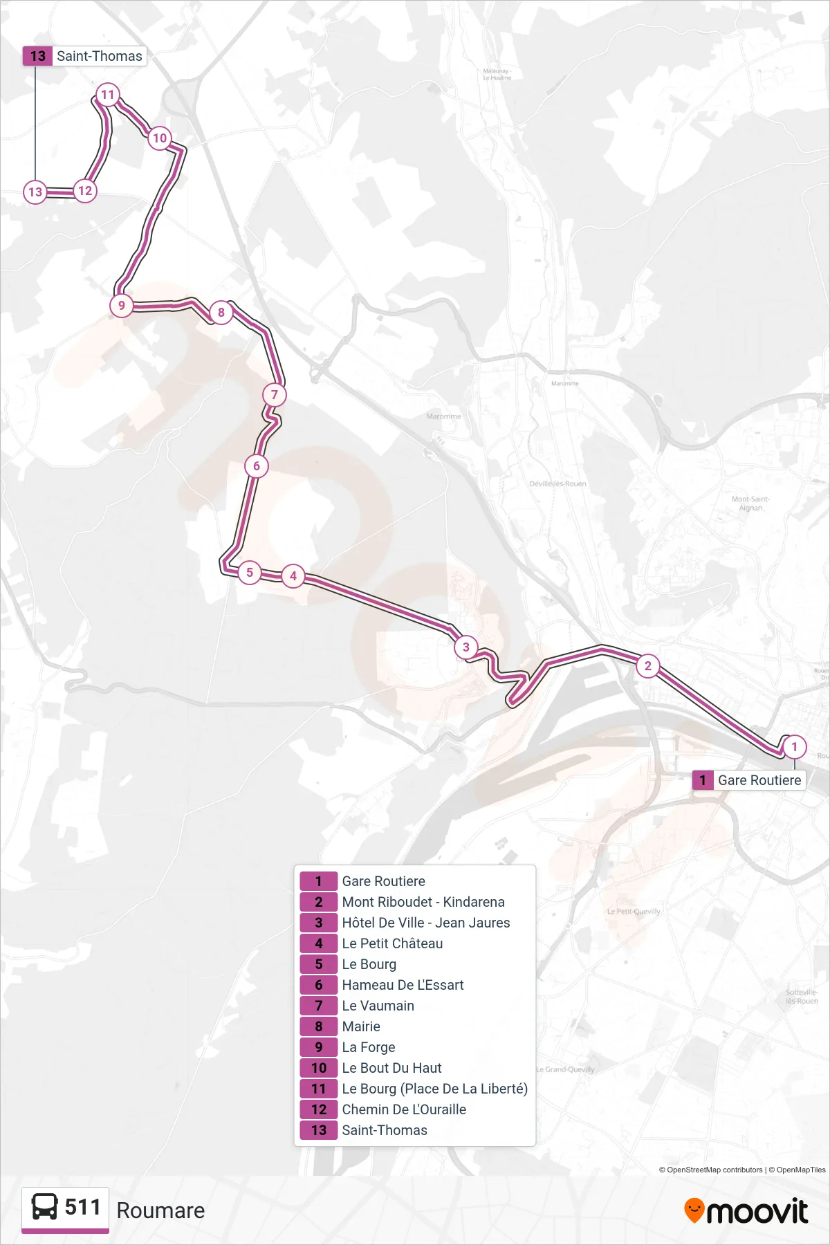 Tracé et arrêts de la ligne 511 de bus (Roumare) sur une carte