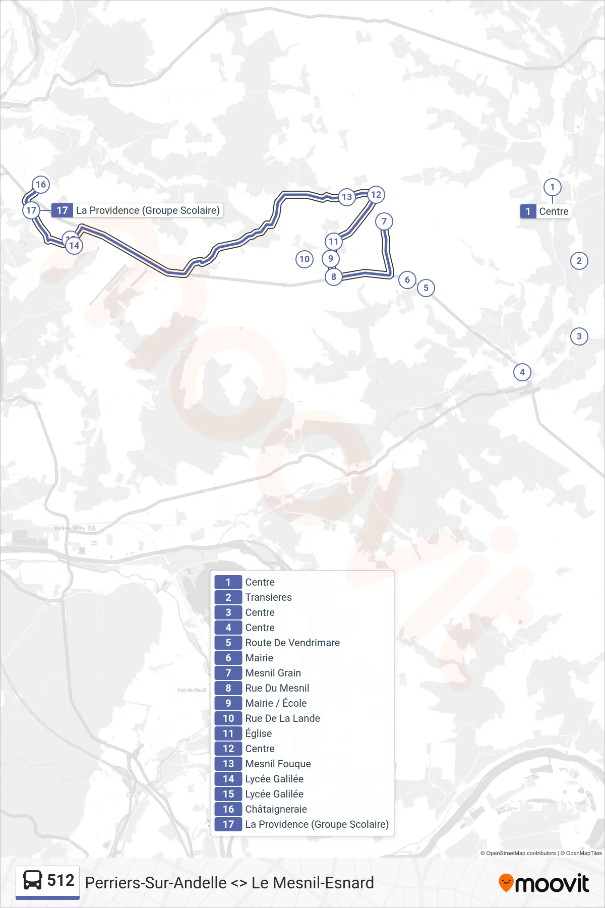 512 bus Line (Le Mesnil-Esnard) route and stops on a map