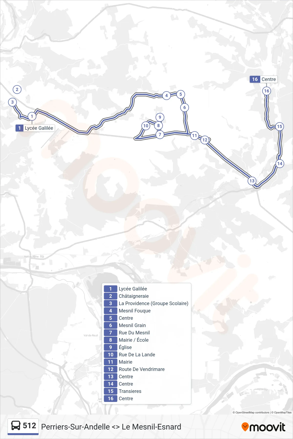 Tracé et arrêts de la ligne 512 de bus (Perriers-Sur-Andelle) sur une carte