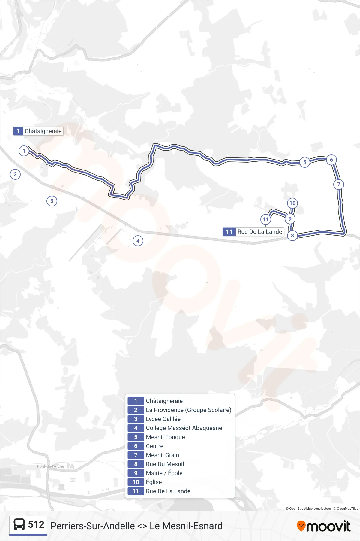 Tracé et arrêts de la ligne 512 de bus (Mesnil-Raoul) sur une carte