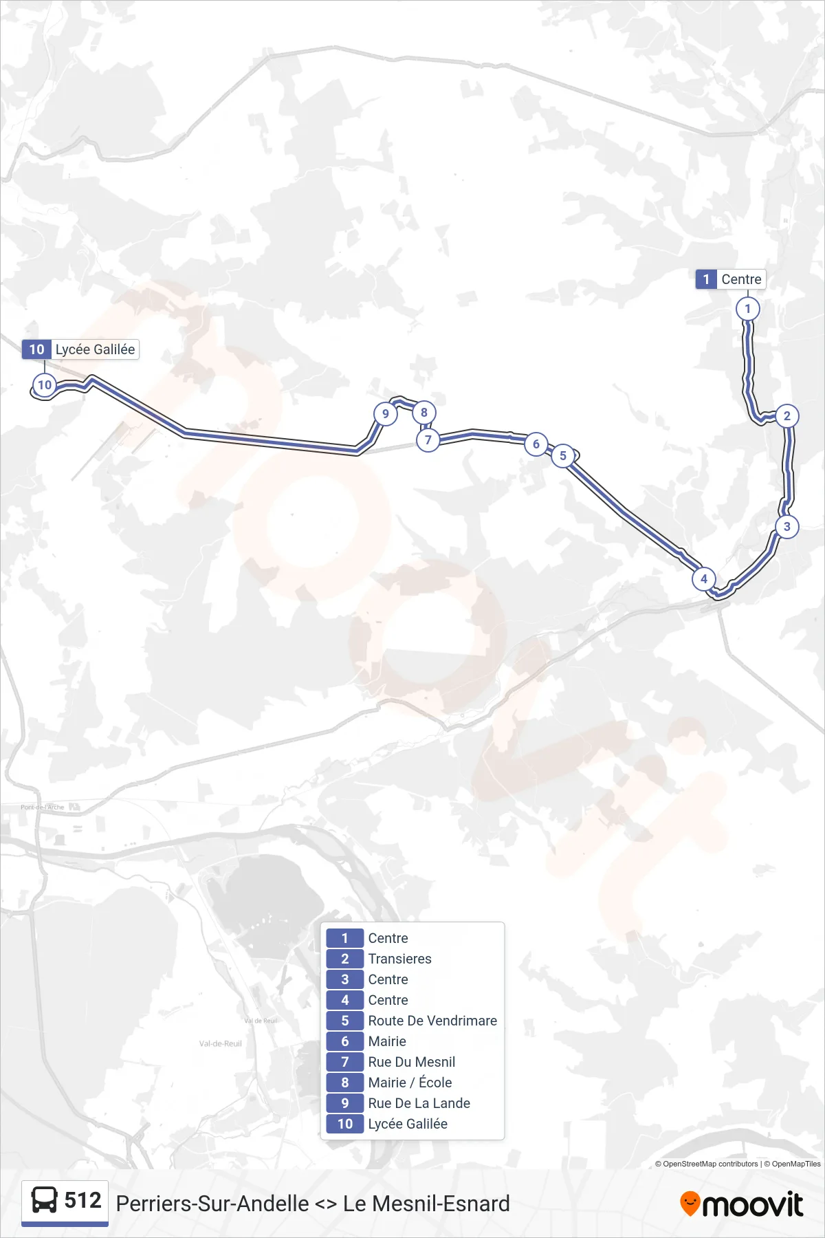 Tracé et arrêts de la ligne 512 de bus (Franqueville-Saint-Pierre) sur une carte