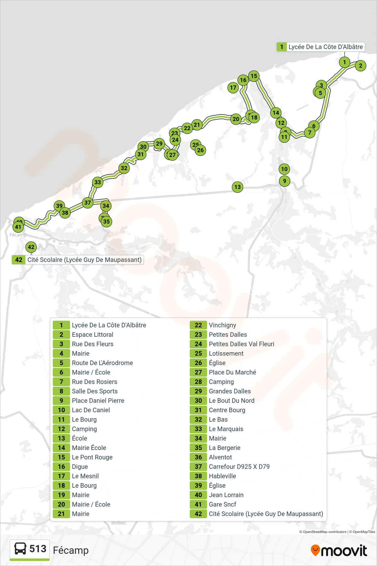 Tracé et arrêts de la ligne 513 de bus (Fécamp) sur une carte