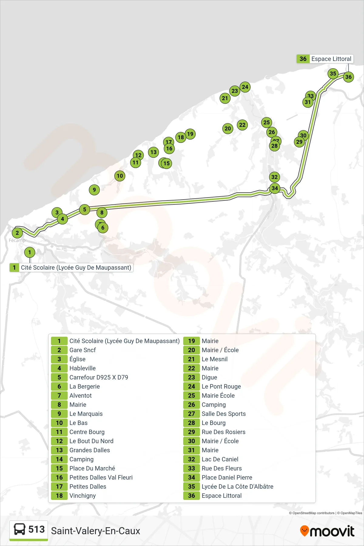 Tracé et arrêts de la ligne 513 de bus (Saint-Valery-En-Caux) sur une carte
