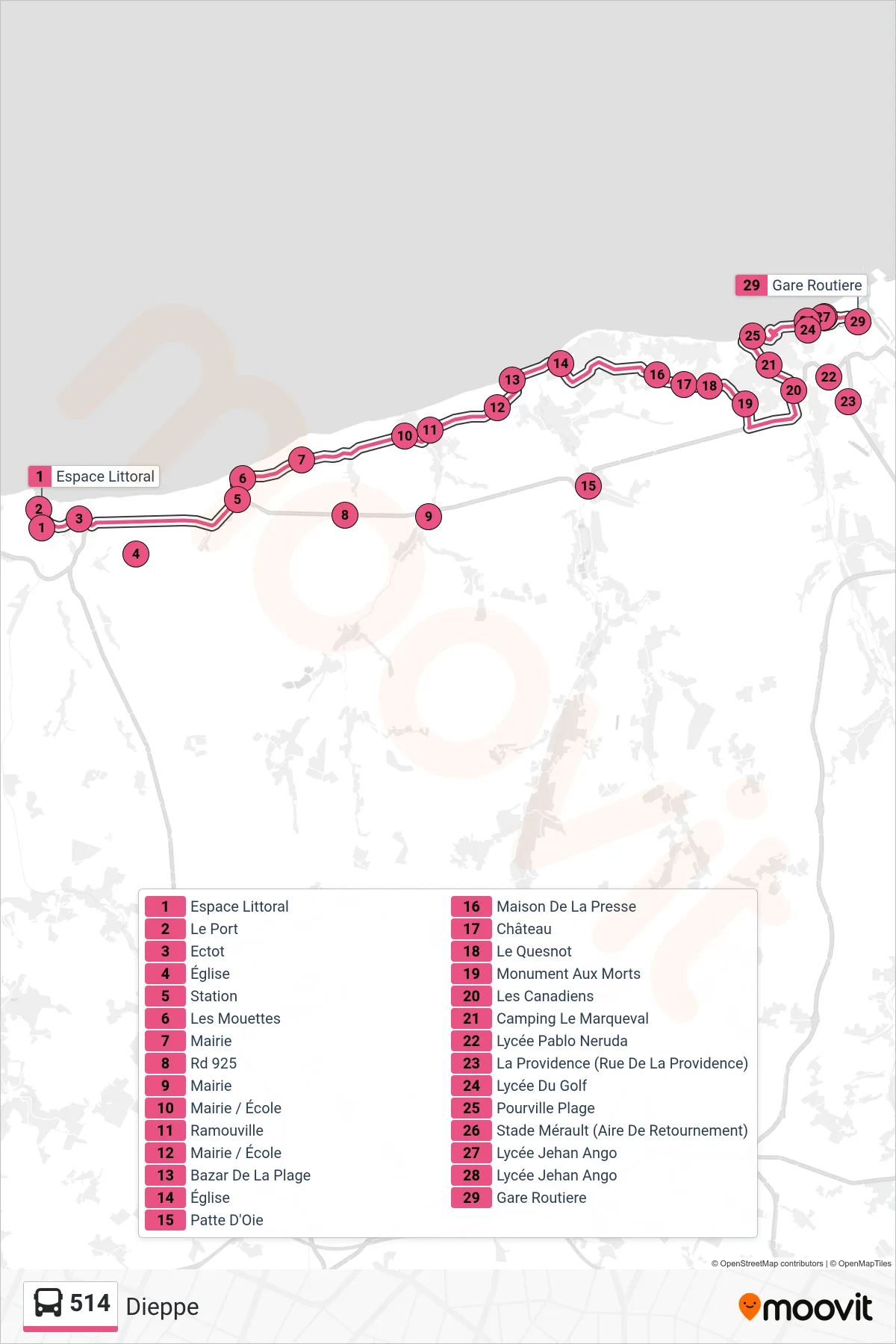 Tracé et arrêts de la ligne 514 de bus (Dieppe) sur une carte
