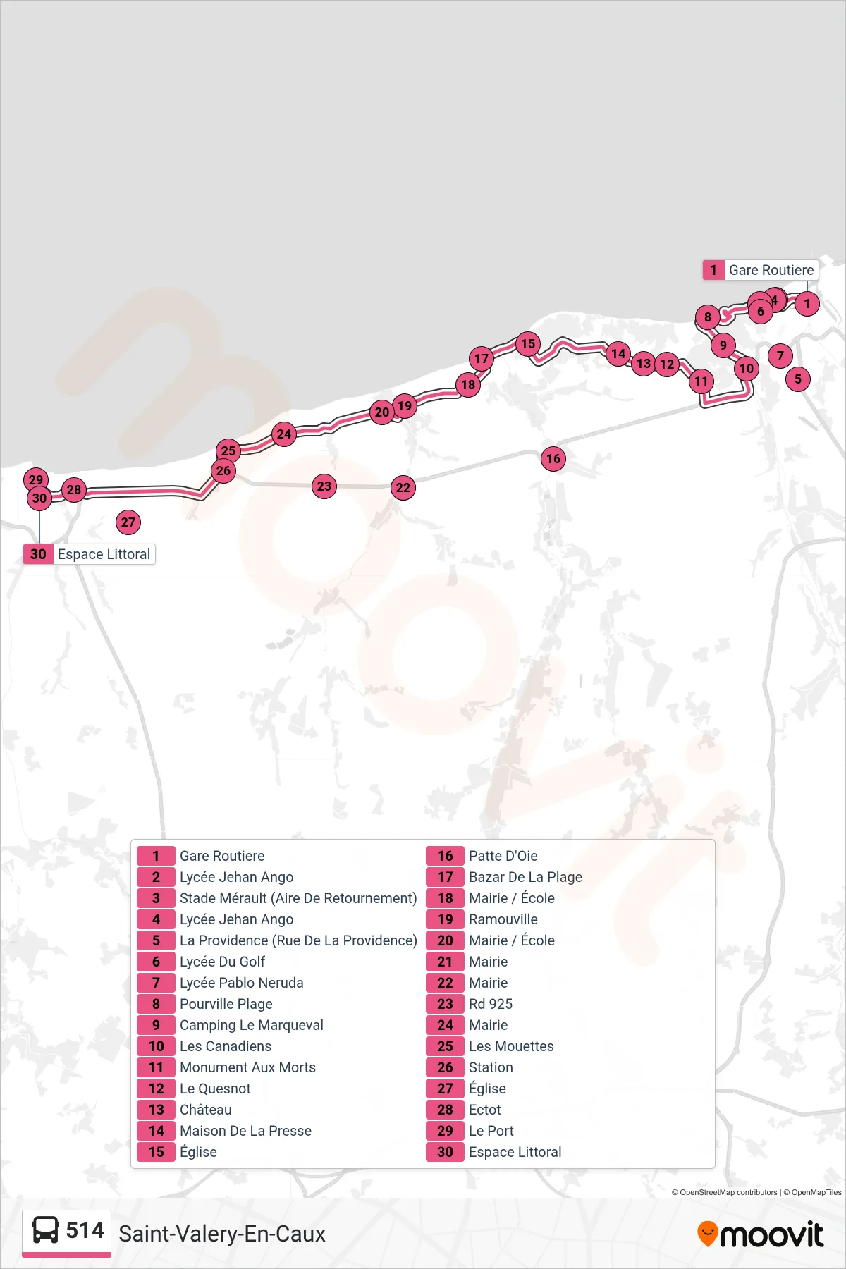 Tracé et arrêts de la ligne 514 de bus (Saint-Valery-En-Caux) sur une carte