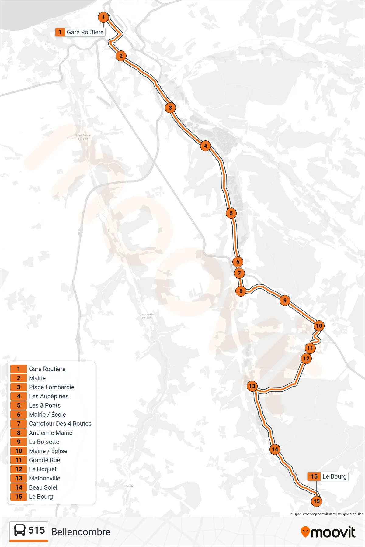 Tracé et arrêts de la ligne 515 de bus (Bellencombre) sur une carte