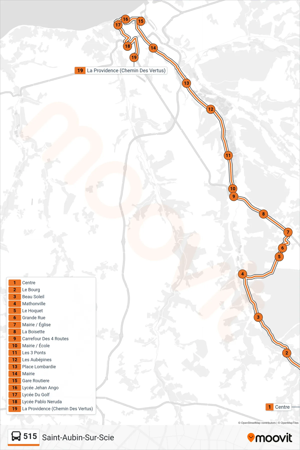 Recorrido y paradas de la línea 515 de autobús (Saint-Aubin-Sur-Scie) en el mapa