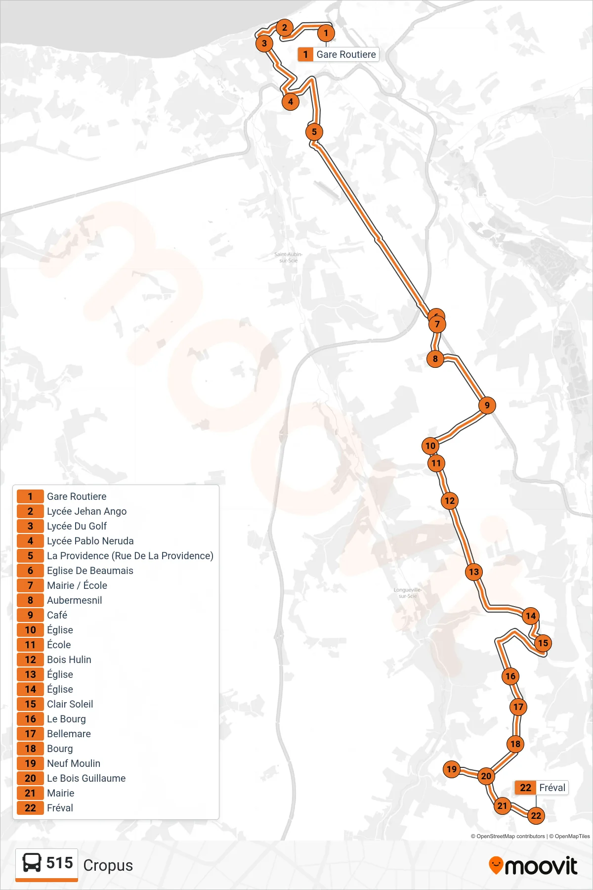Tracé et arrêts de la ligne 515 de bus (Cropus) sur une carte