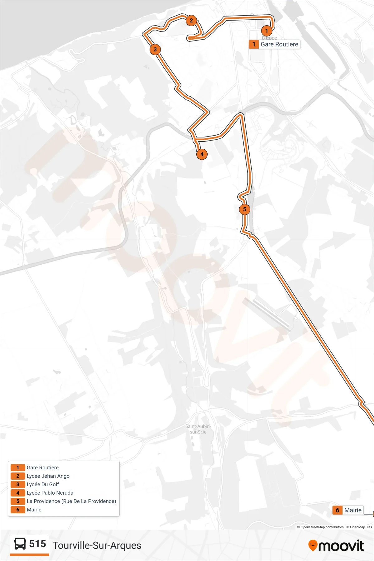 Tracé et arrêts de la ligne 515 de bus (Tourville-Sur-Arques) sur une carte