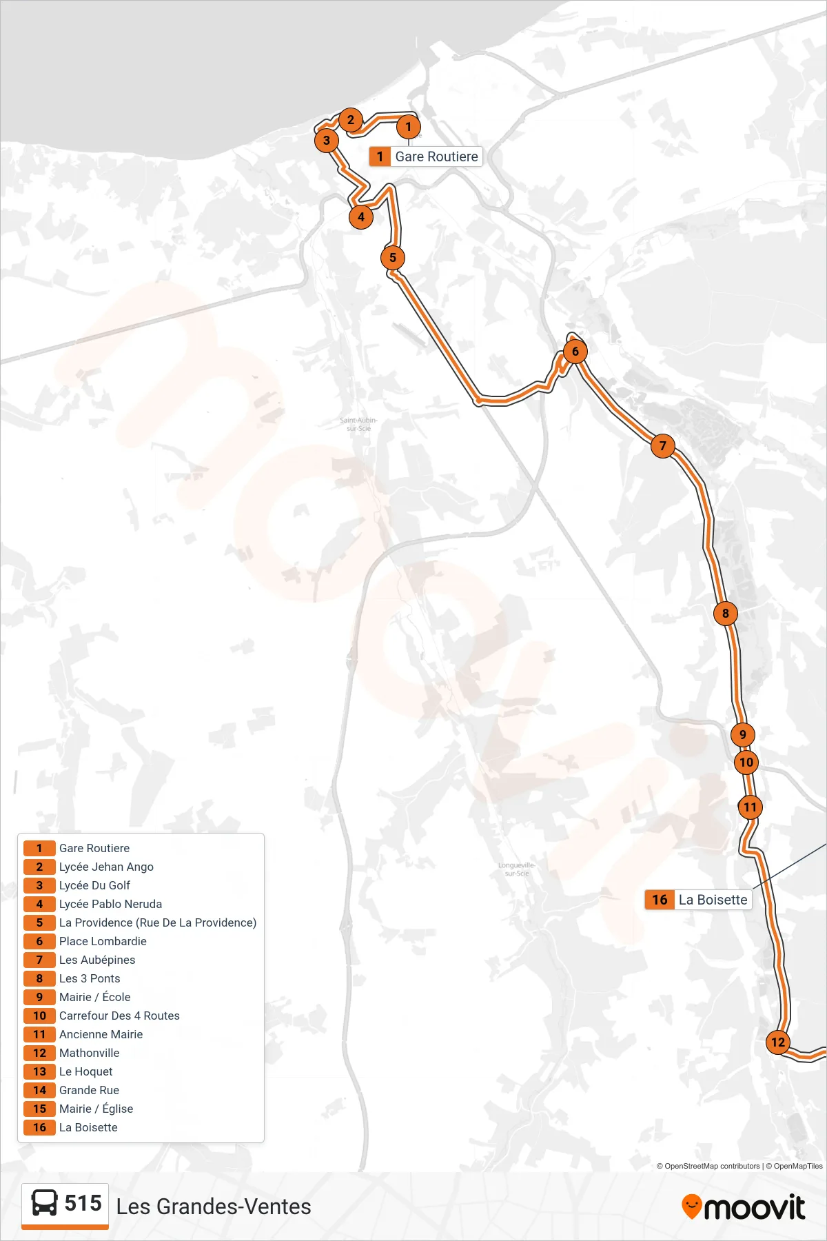 Tracé et arrêts de la ligne 515 de bus (Les Grandes-Ventes) sur une carte