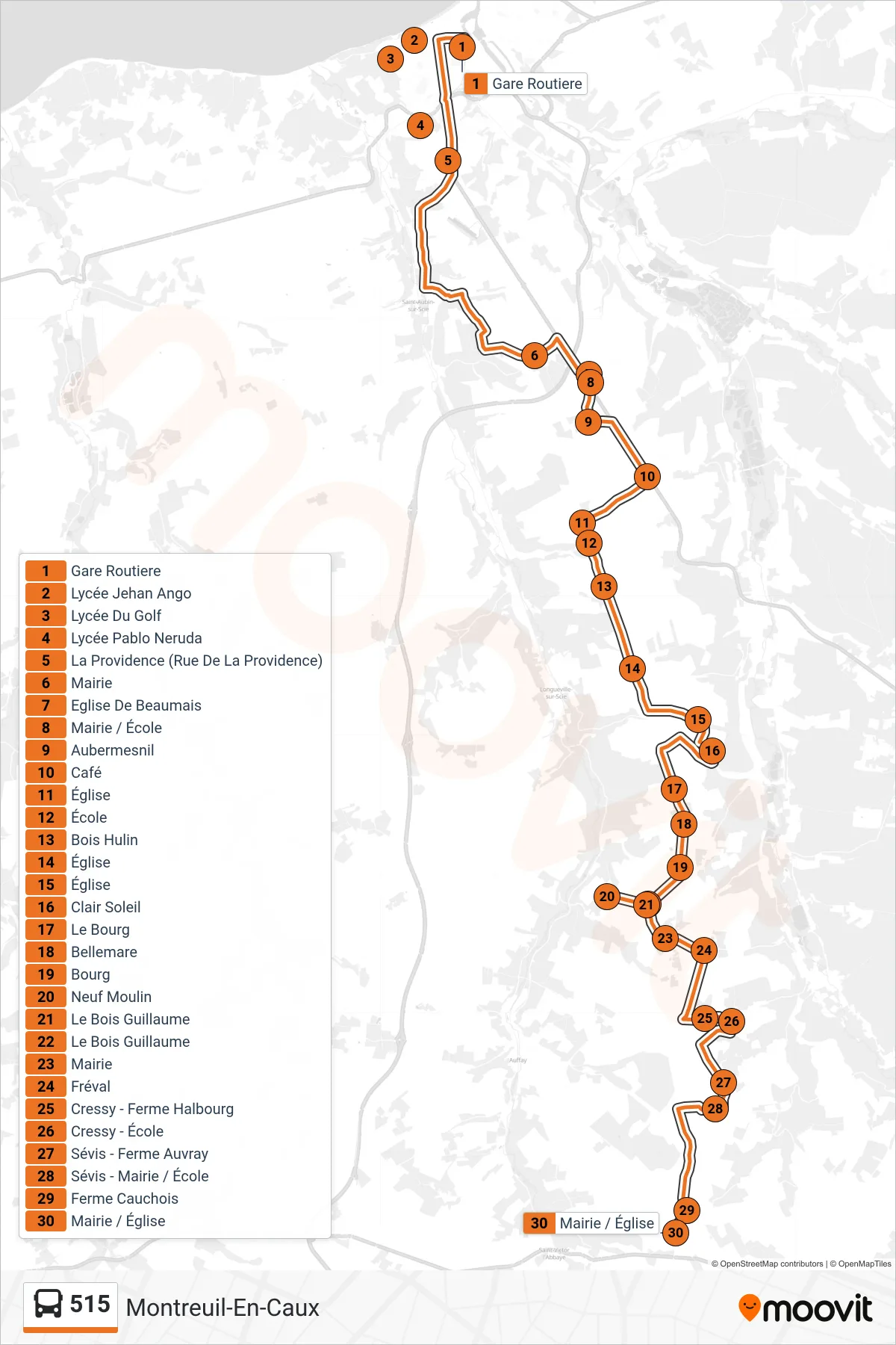 Recorrido y paradas de la línea 515 de autobús (Montreuil-En-Caux) en el mapa