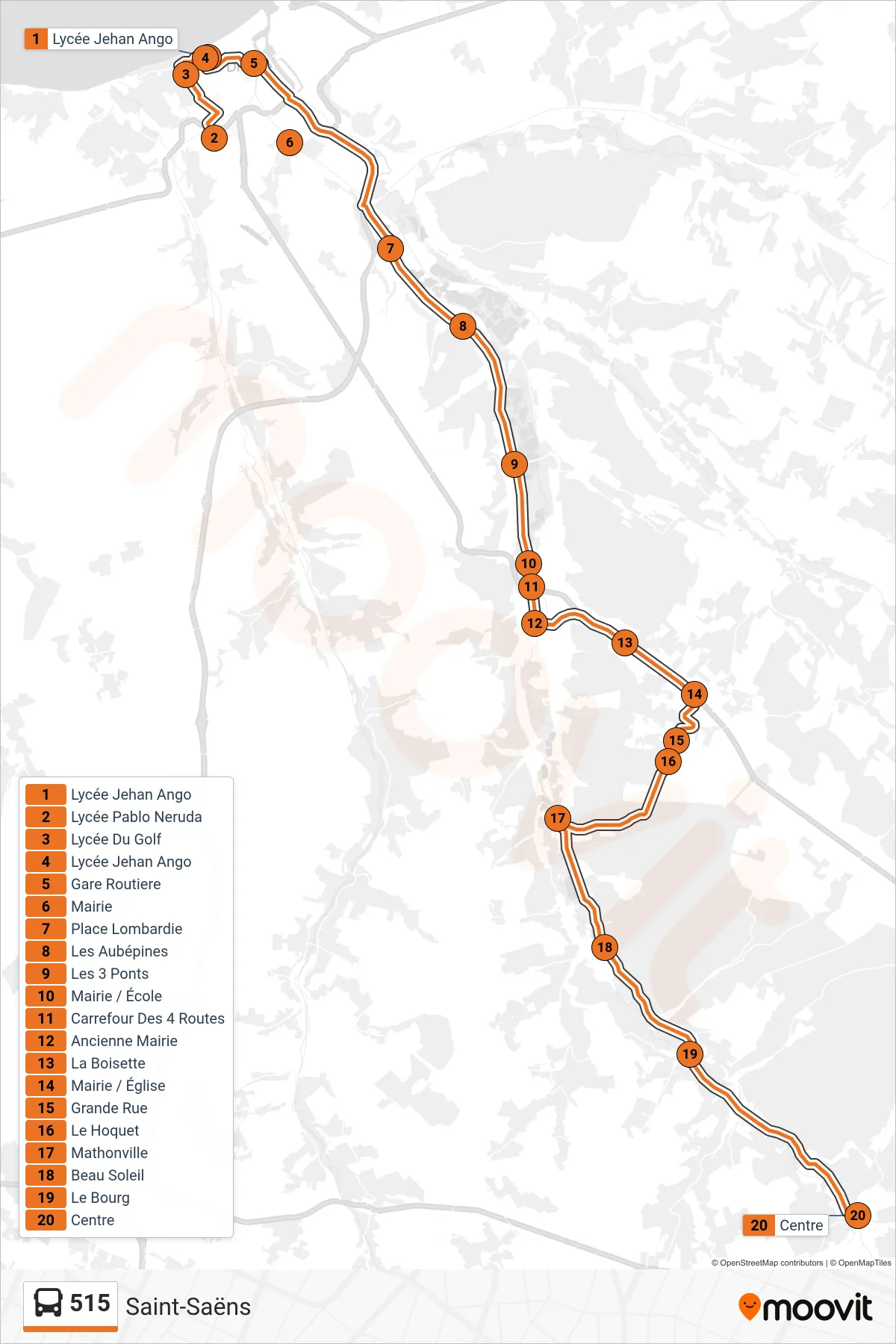 Tracé et arrêts de la ligne 515 de bus (Saint-Saëns) sur une carte