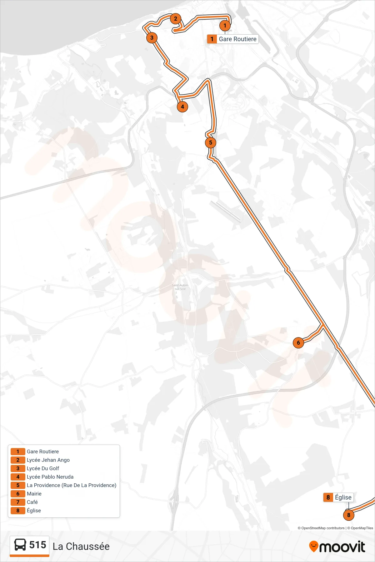Tracé et arrêts de la ligne 515 de bus (La Chaussée) sur une carte