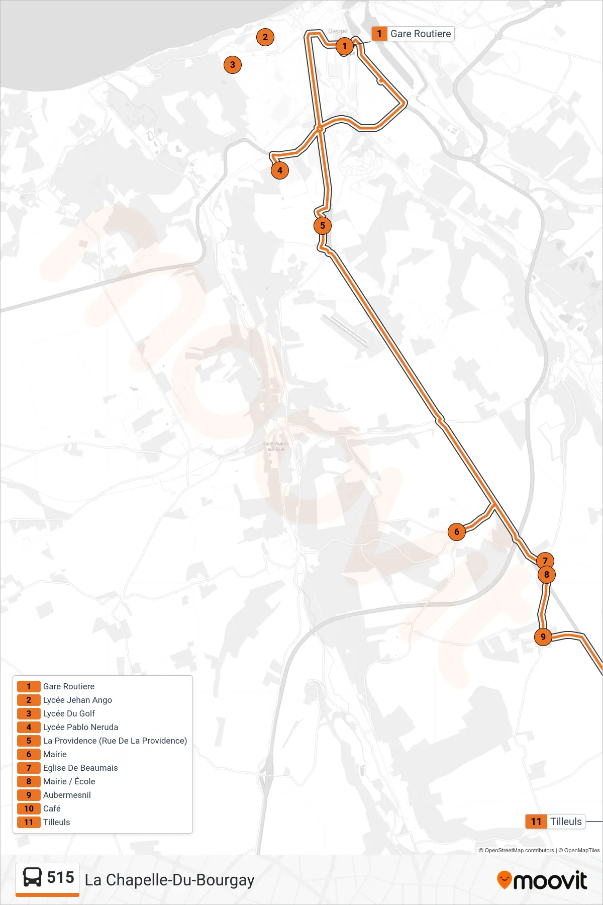 Tracé et arrêts de la ligne 515 de bus (La Chapelle-Du-Bourgay) sur une carte