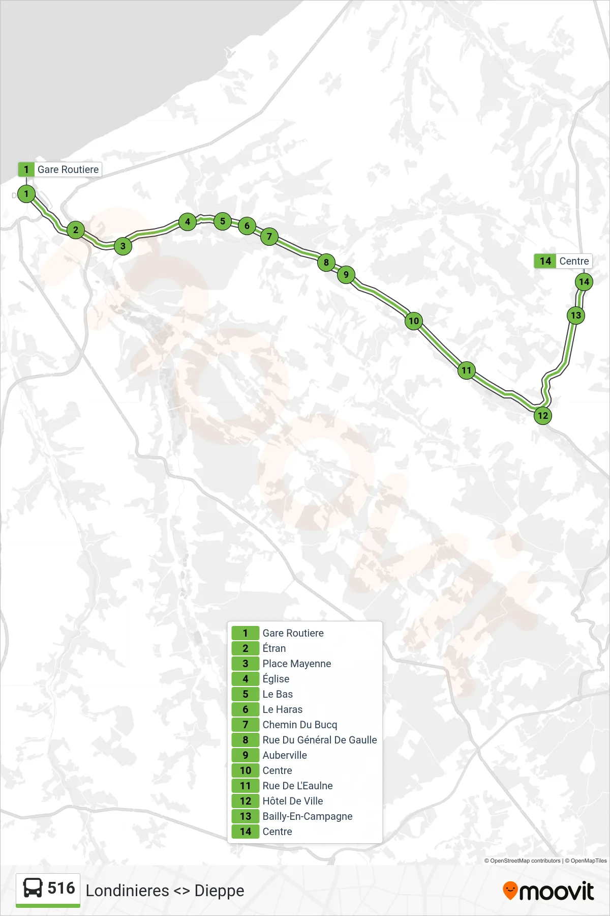 Tracé et arrêts de la ligne 516 de bus (Fresnoy-Folny) sur une carte
