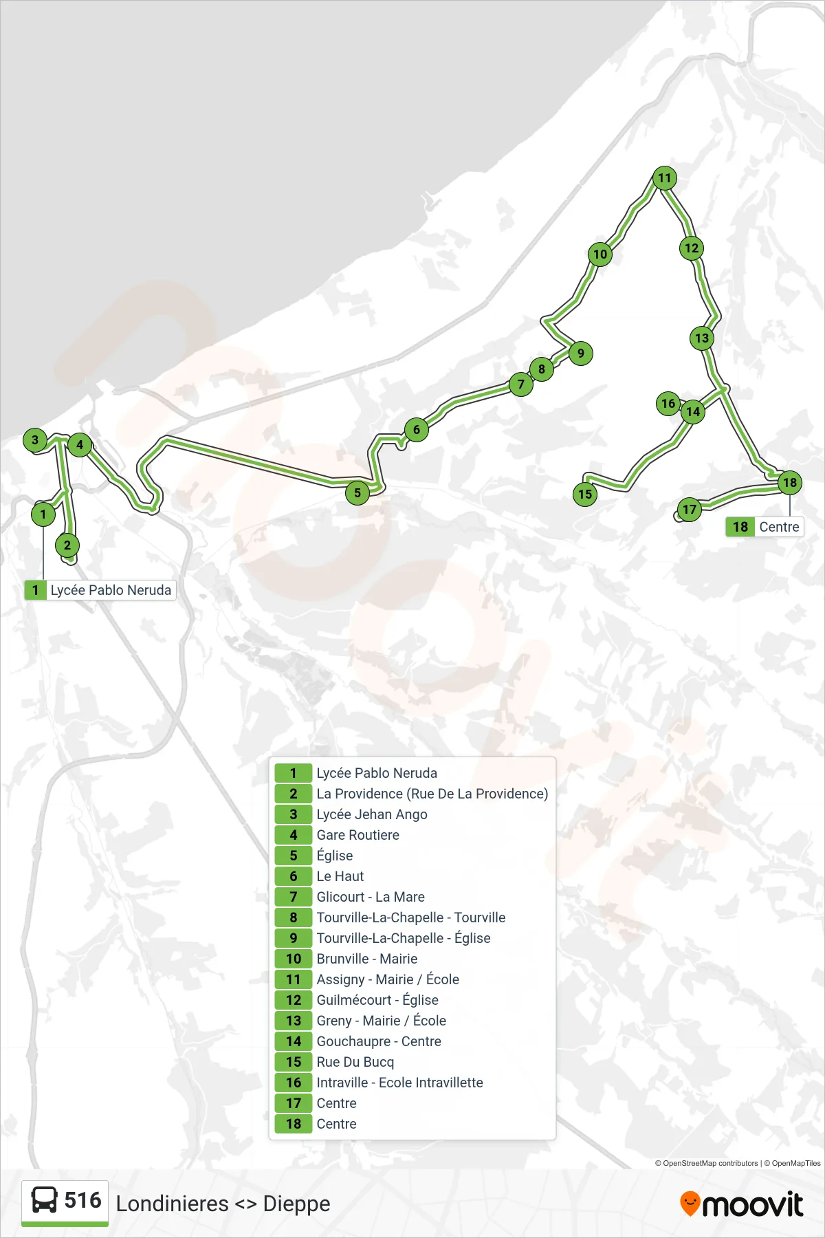 Tracé et arrêts de la ligne 516 de bus (Bailly-En-Rivière) sur une carte