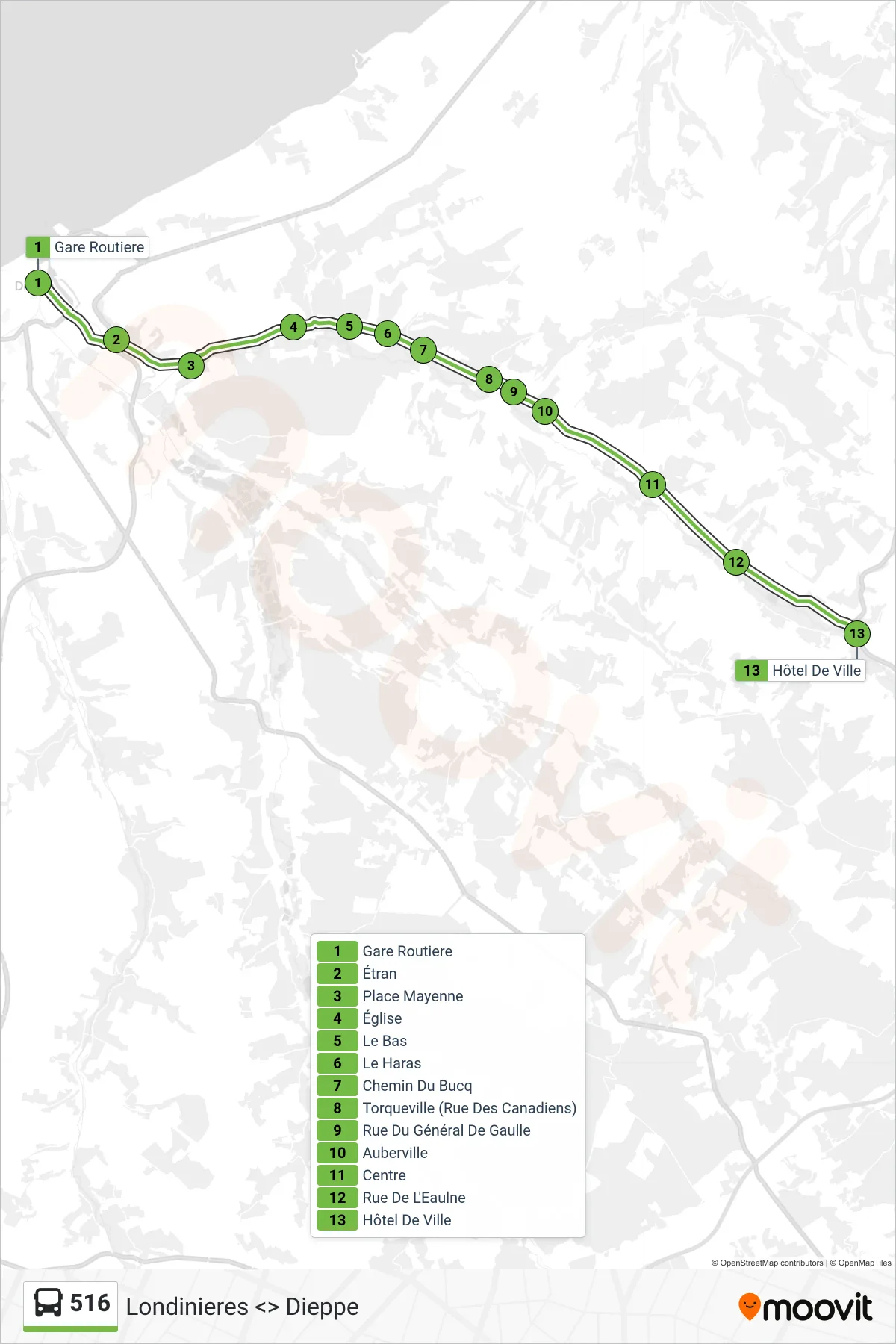 Tracé et arrêts de la ligne 516 de bus (Londinières) sur une carte