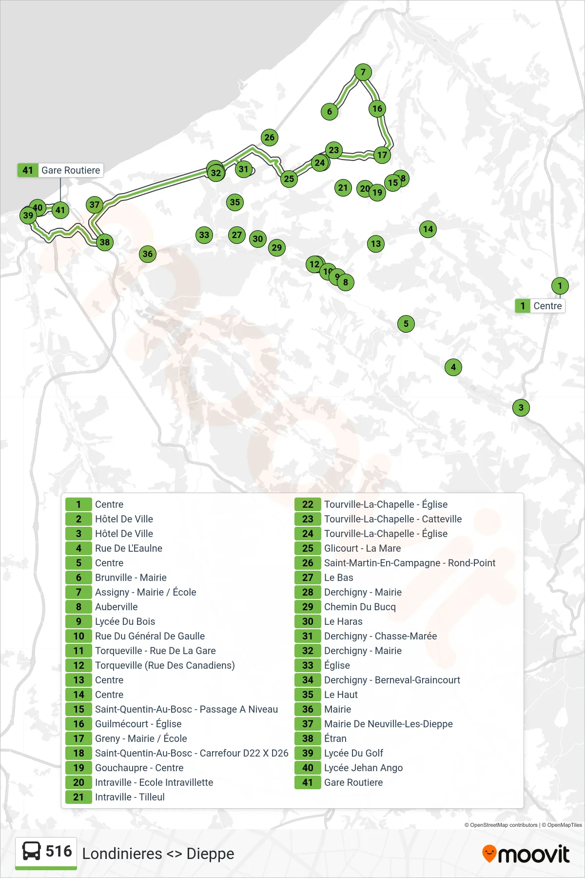 Recorrido y paradas de la línea 516 de autobús (Dieppe) en el mapa