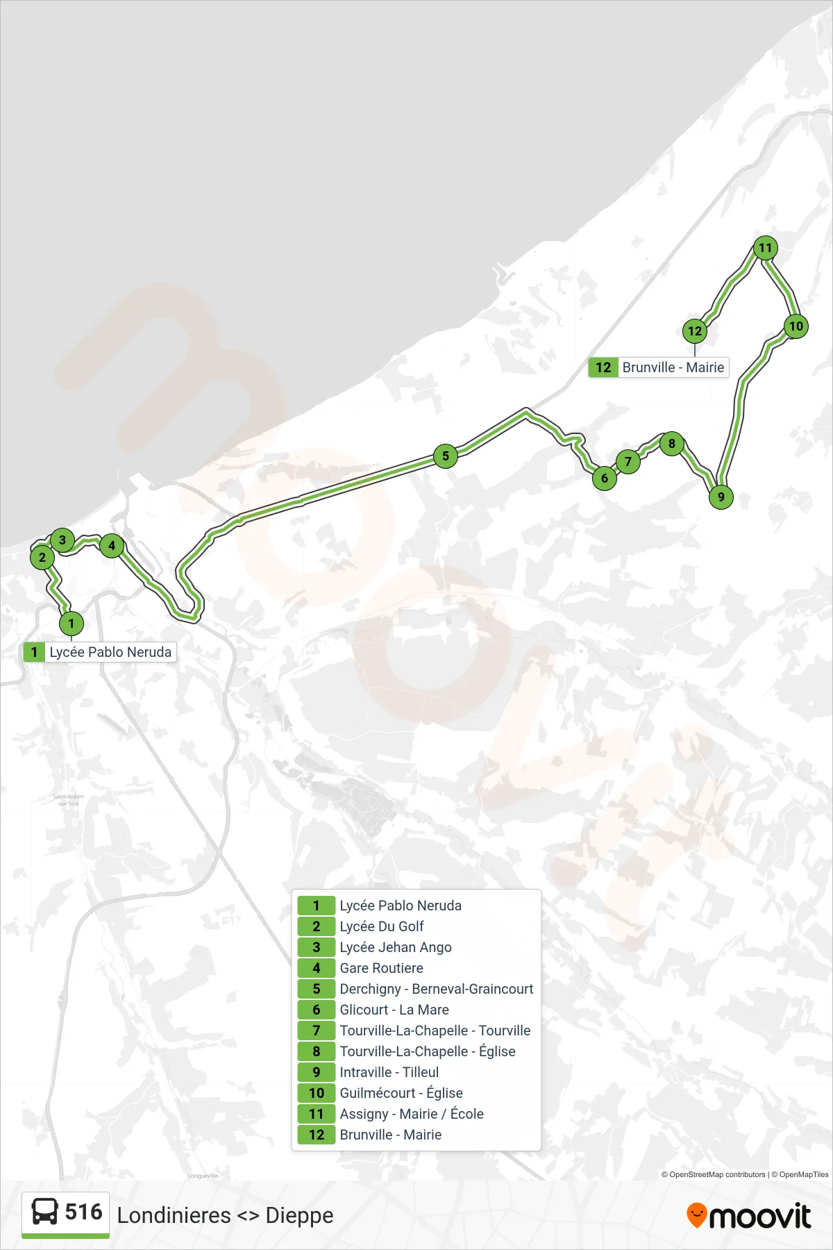 Tracé et arrêts de la ligne 516 de bus (Petit-Caux) sur une carte