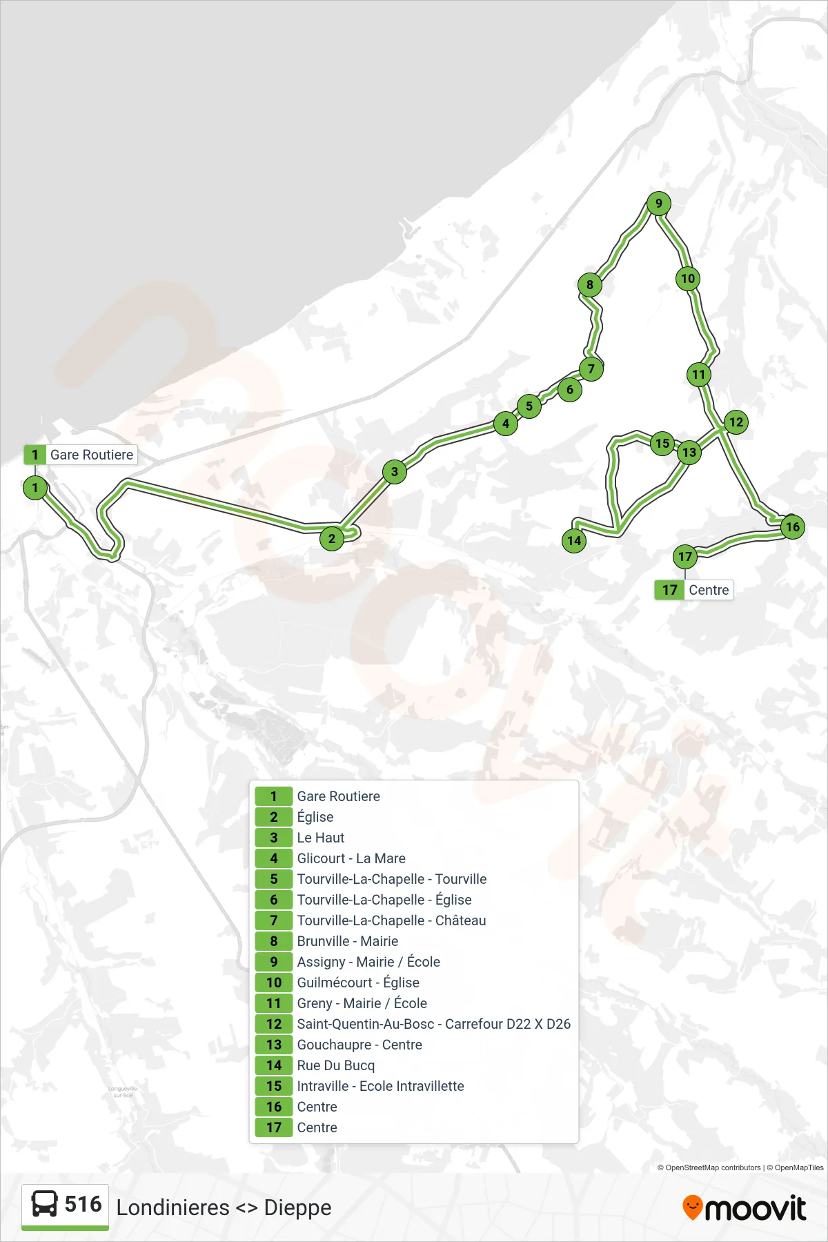 Tracé et arrêts de la ligne 516 de bus (Saint-Ouen-Sous-Bailly) sur une carte