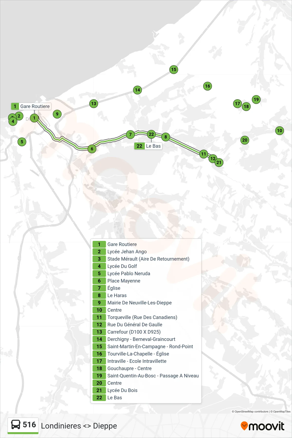 Tracé et arrêts de la ligne 516 de bus (Envermeu) sur une carte