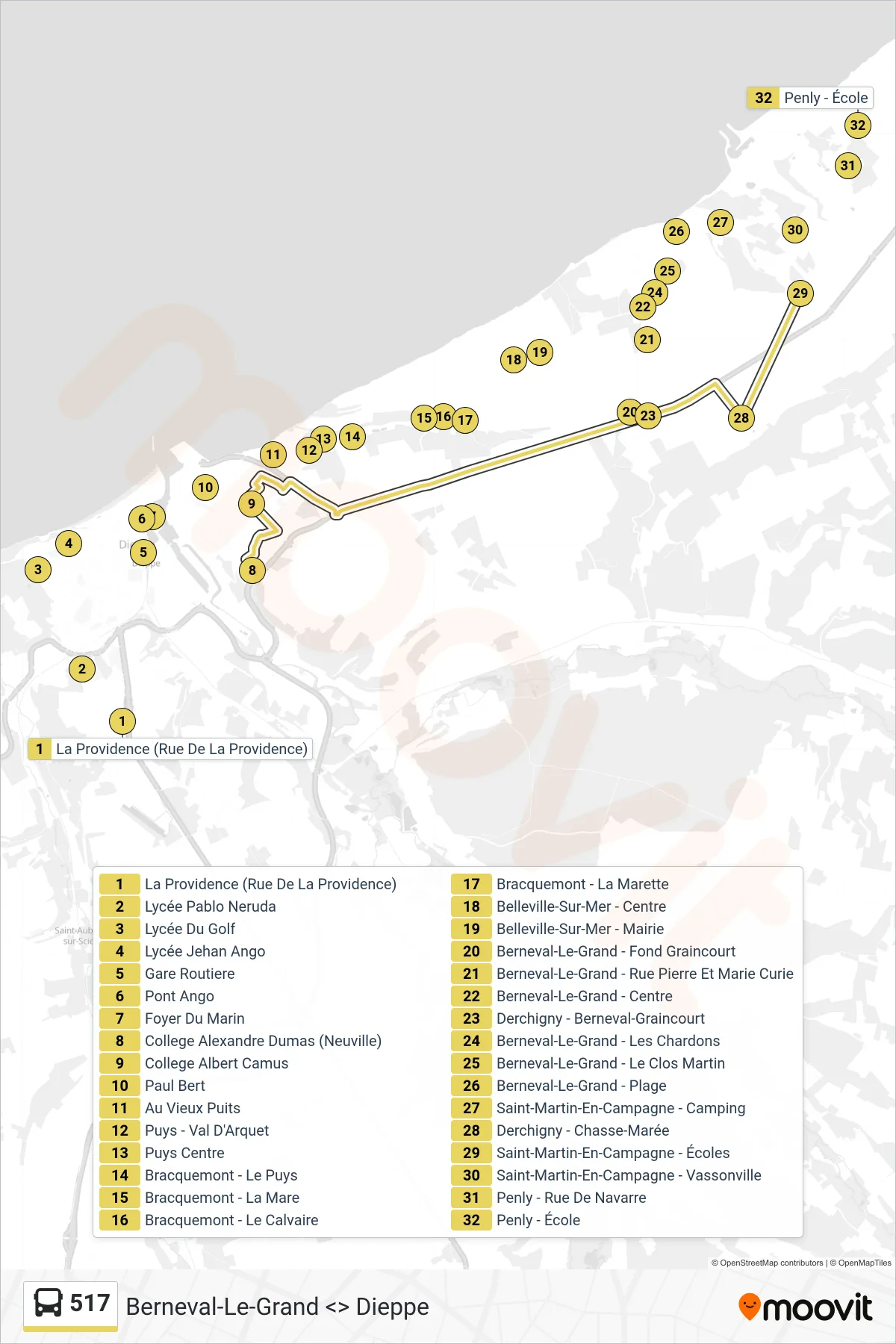517 bus Line (Petit-Caux) route and stops on a map