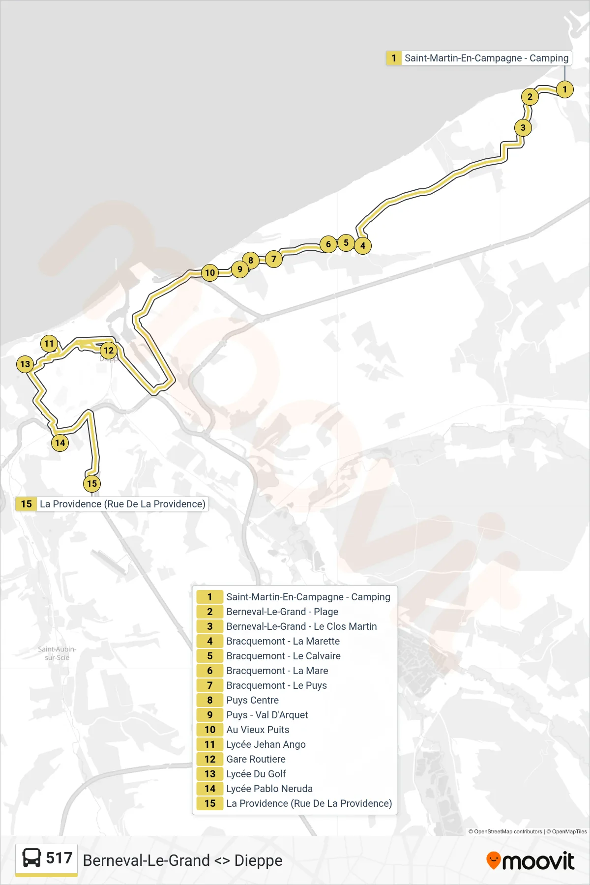 Tracé et arrêts de la ligne 517 de bus (Saint-Aubin-Sur-Scie) sur une carte