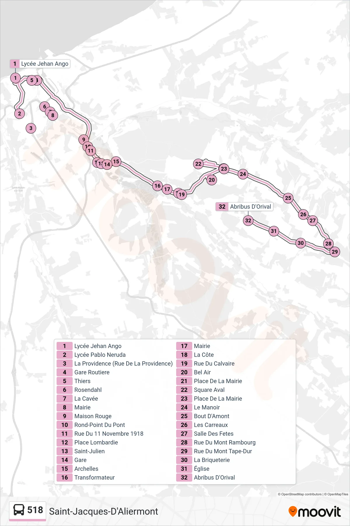 Recorrido y paradas de la línea 518 de autobús (Saint-Jacques-D'Aliermont) en el mapa