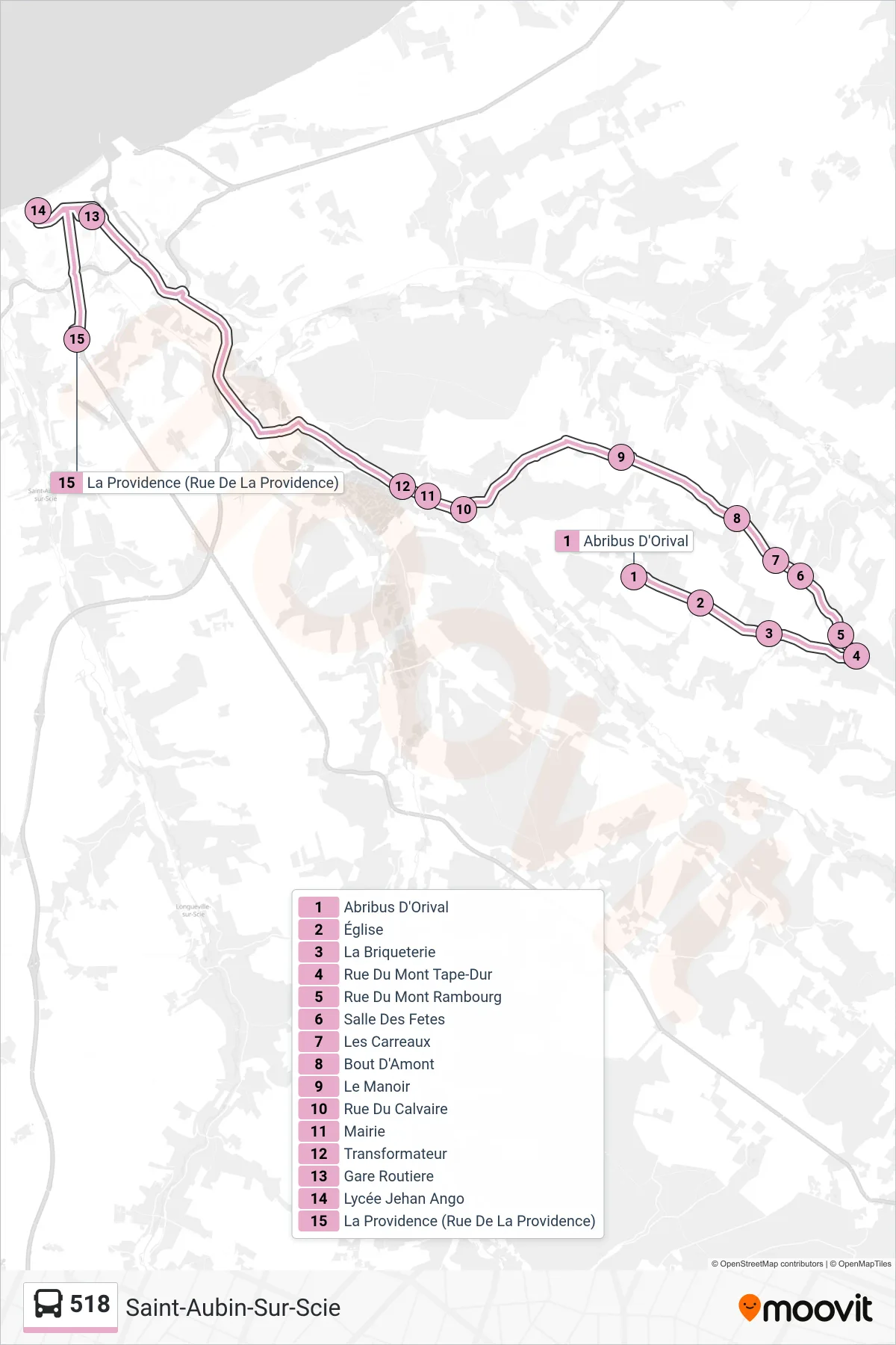 Tracé et arrêts de la ligne 518 de bus (Saint-Aubin-Sur-Scie) sur une carte