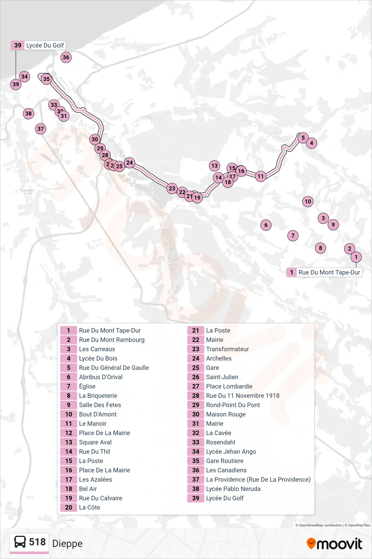 Tracé et arrêts de la ligne 518 de bus (Dieppe) sur une carte